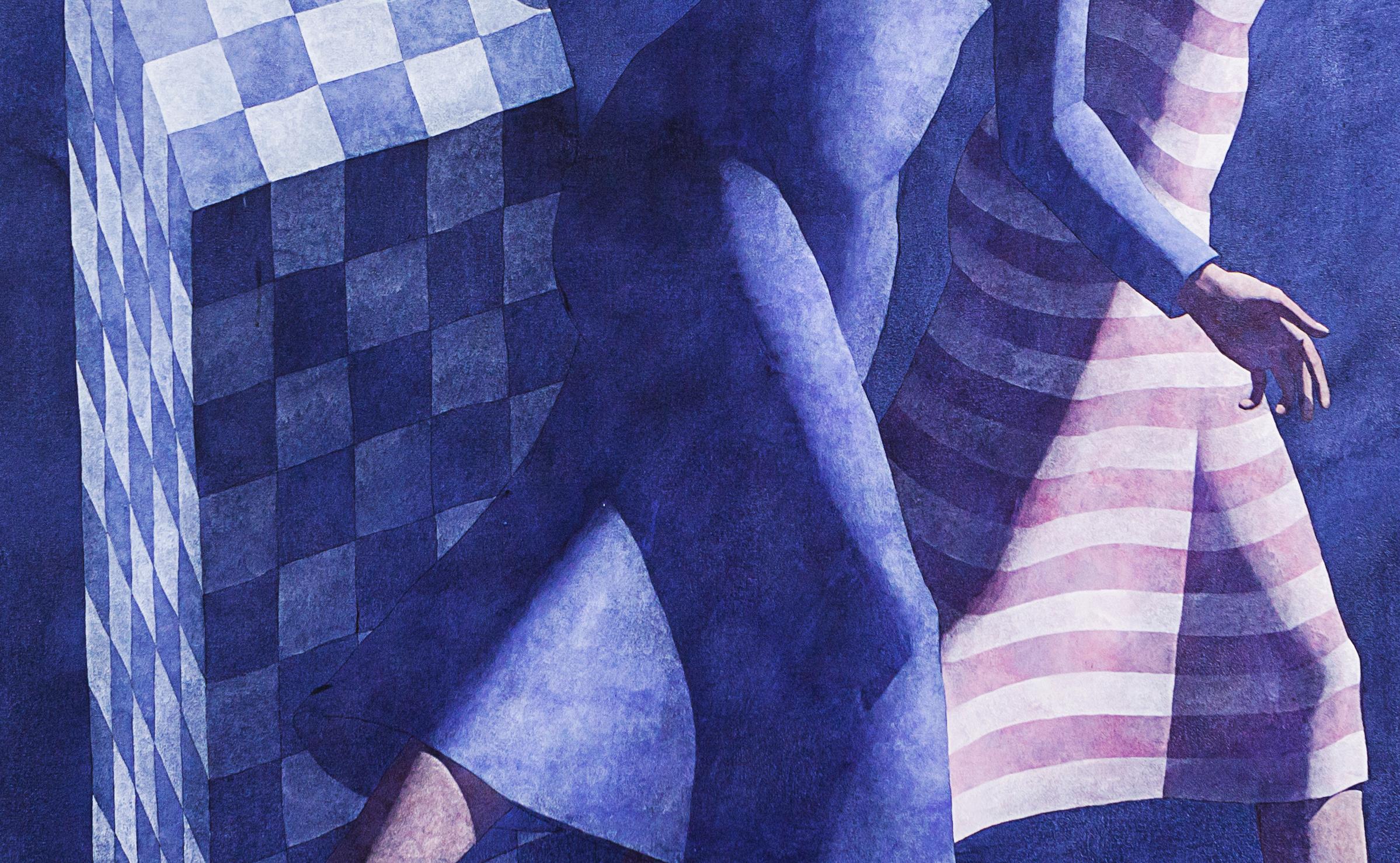 Sans titre (Two Woman in Blue Background), acrylique/toile, artiste britannique, circa 1987 en vente 2