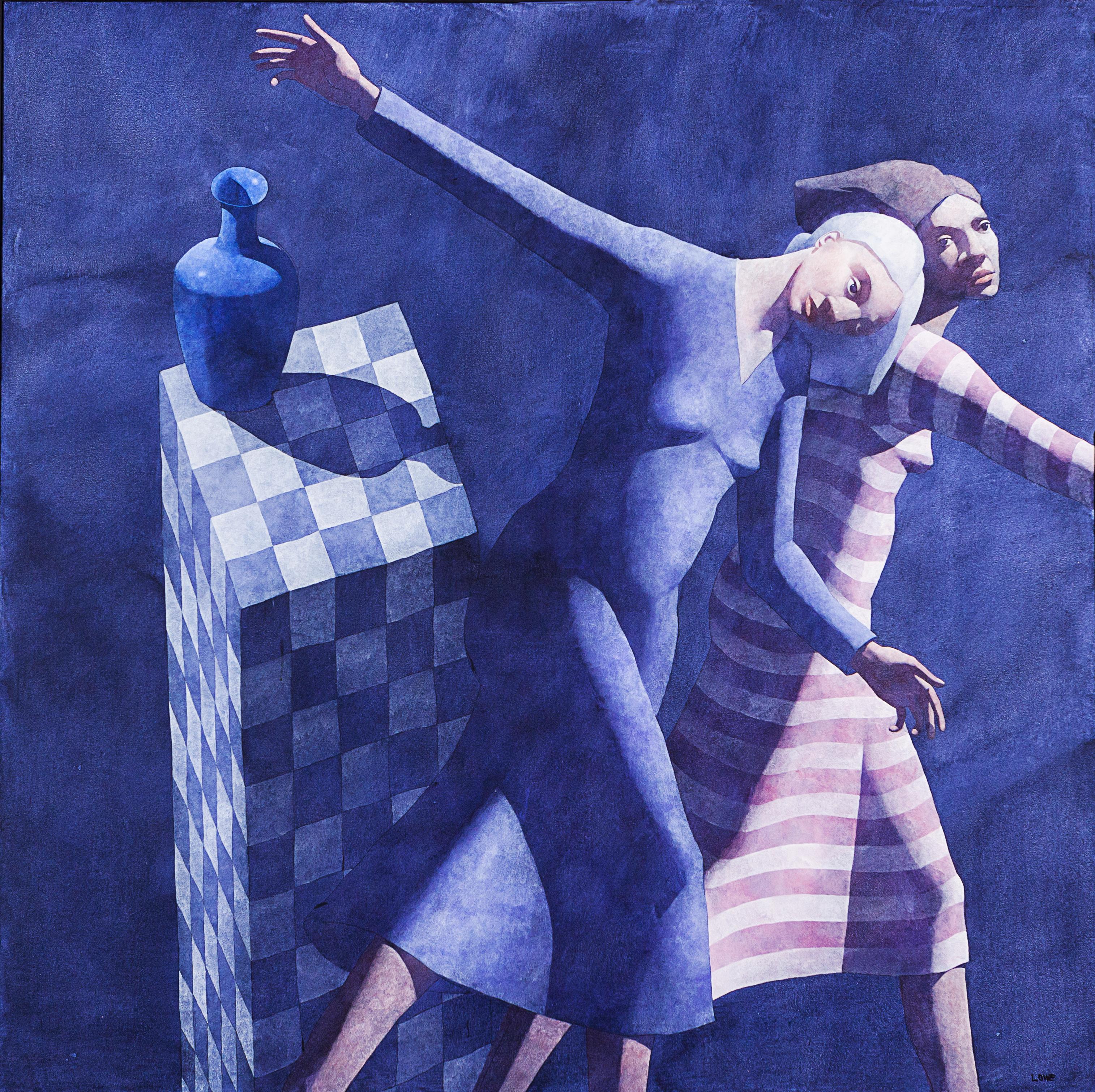 Sans titre (Two Woman in Blue Background), acrylique/toile, artiste britannique, circa 1987 - Painting de Robert Lowe