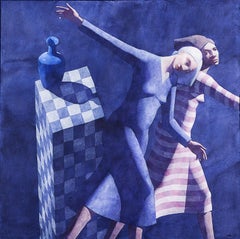 Vintage Untitled (Two Woman in Blue Background) circa 1987 acrylic/canvas British artist