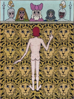 Retro Modern Needlepoint Textile Tapestry of the Parable of Daniel in the Lions' Den