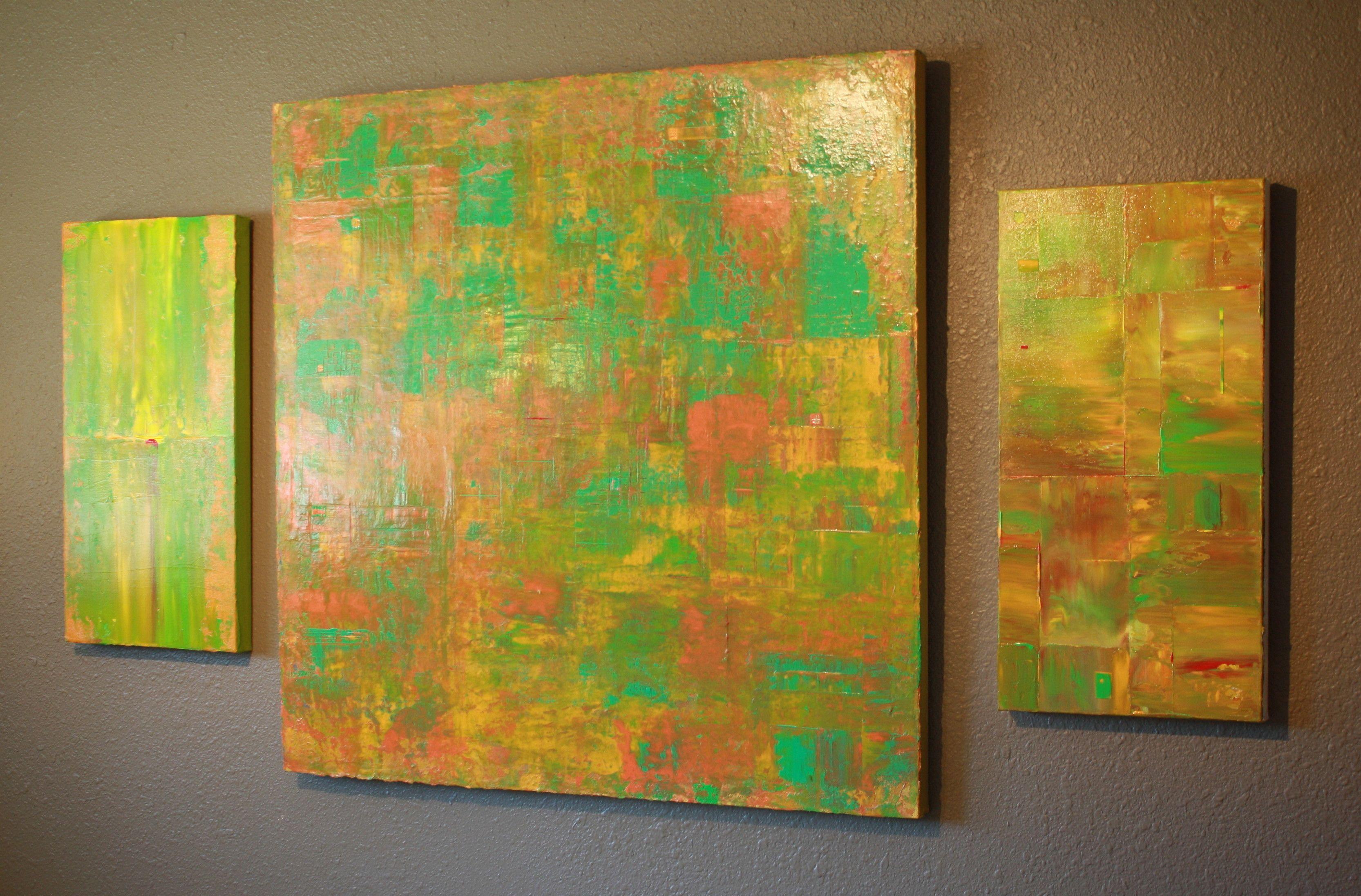 Non incorniciato, pronto da appendere. I lati sono dipinti per adattarsi al dipinto. (15 strati) Pittura astratta strutturata/stratificata. Dipinto con le spatole. Le tonalità di colore che ho utilizzato in questo dipinto sono verde lime, verde,