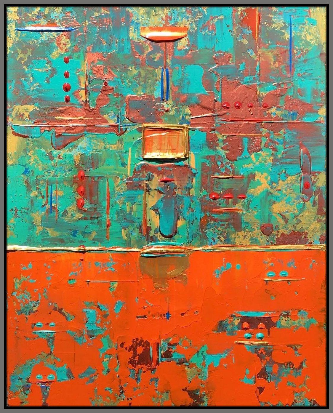 Astrazione con scatola d'oro arancione, Pittura, Acrilico su tela - Painting di Robert Lynn