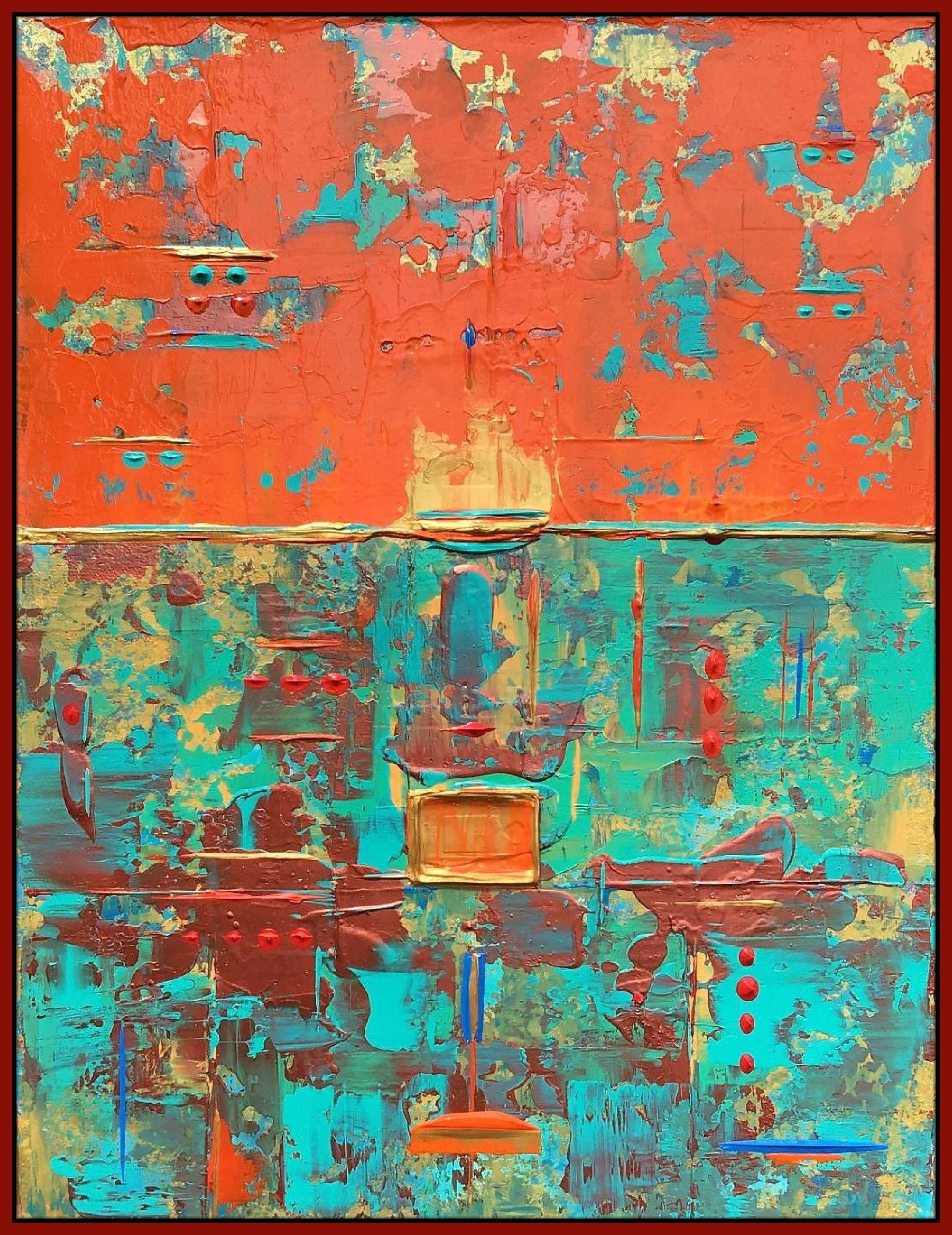 Astrazione con scatola d'oro arancione, Pittura, Acrilico su tela - Abstract Painting Marrone di Robert Lynn