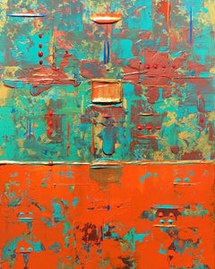 Abstrakte Abstraktion mit orange-goldener Schachtel, Gemälde, Acryl auf Leinwand