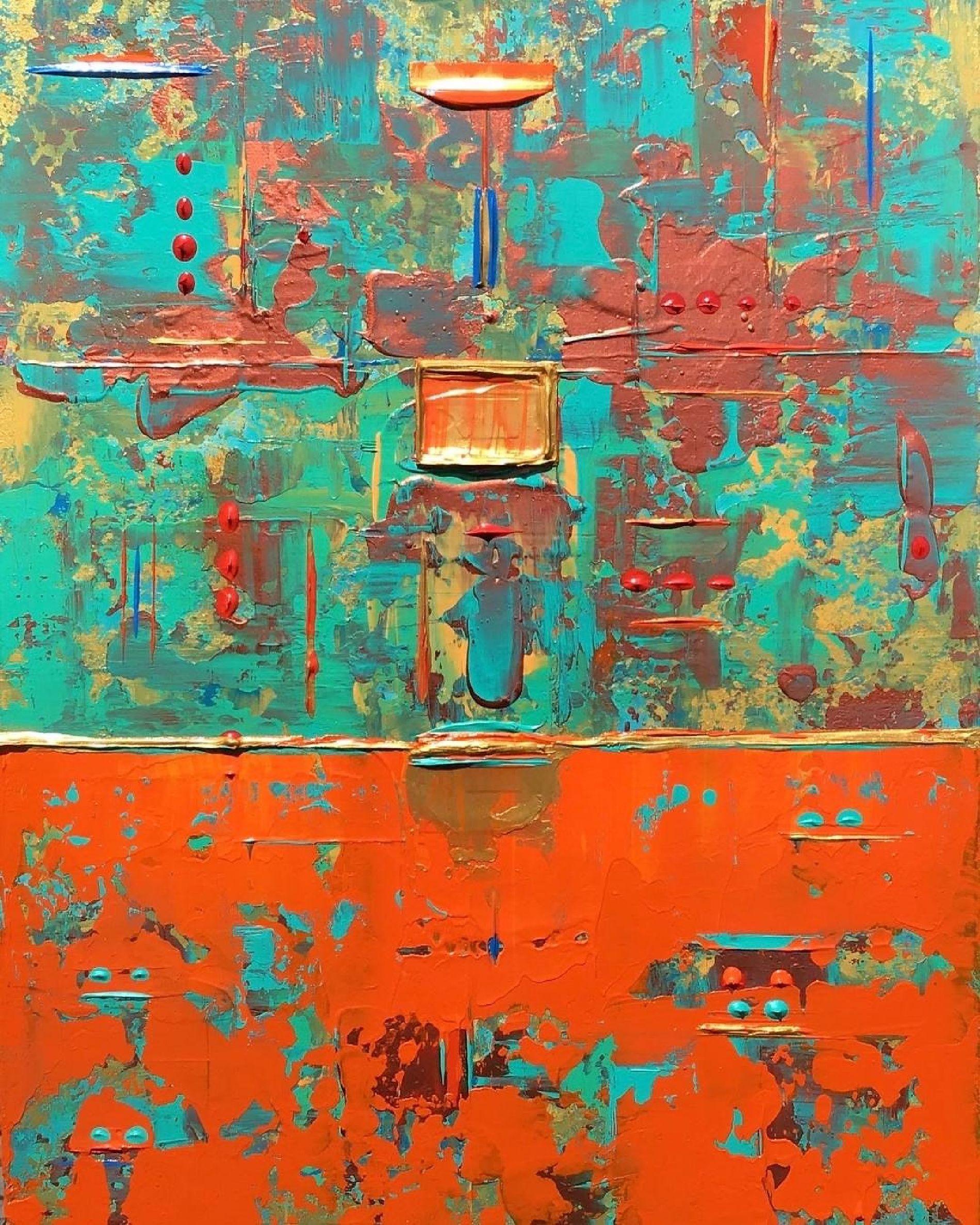 Abstract Painting di Robert Lynn - Astrazione con scatola d'oro arancione, Pittura, Acrilico su tela