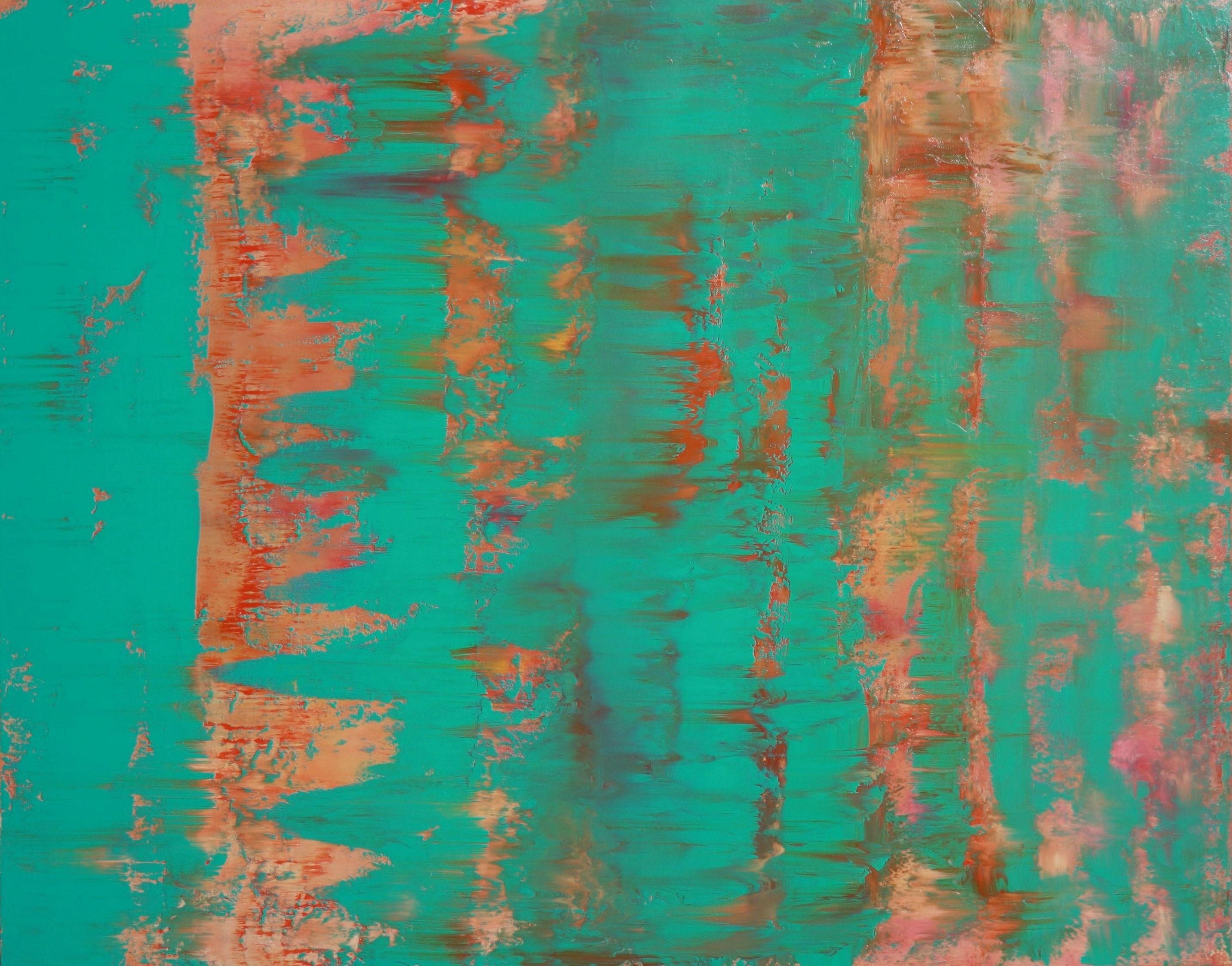 Venduto senza cornice. Tela di cotone a 6 strati (Gallery Wrapped Cotton Canvas) 48 x 60 x 1,5 pollici.  Questo pezzo utilizza la stratificazione e viene applicato con una spatola. L'uso delle spatole mi dà la possibilità di divertirmi a mescolare i