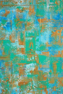 Blau Teal Gold Abstrakt, Gemälde, Acryl auf Leinwand