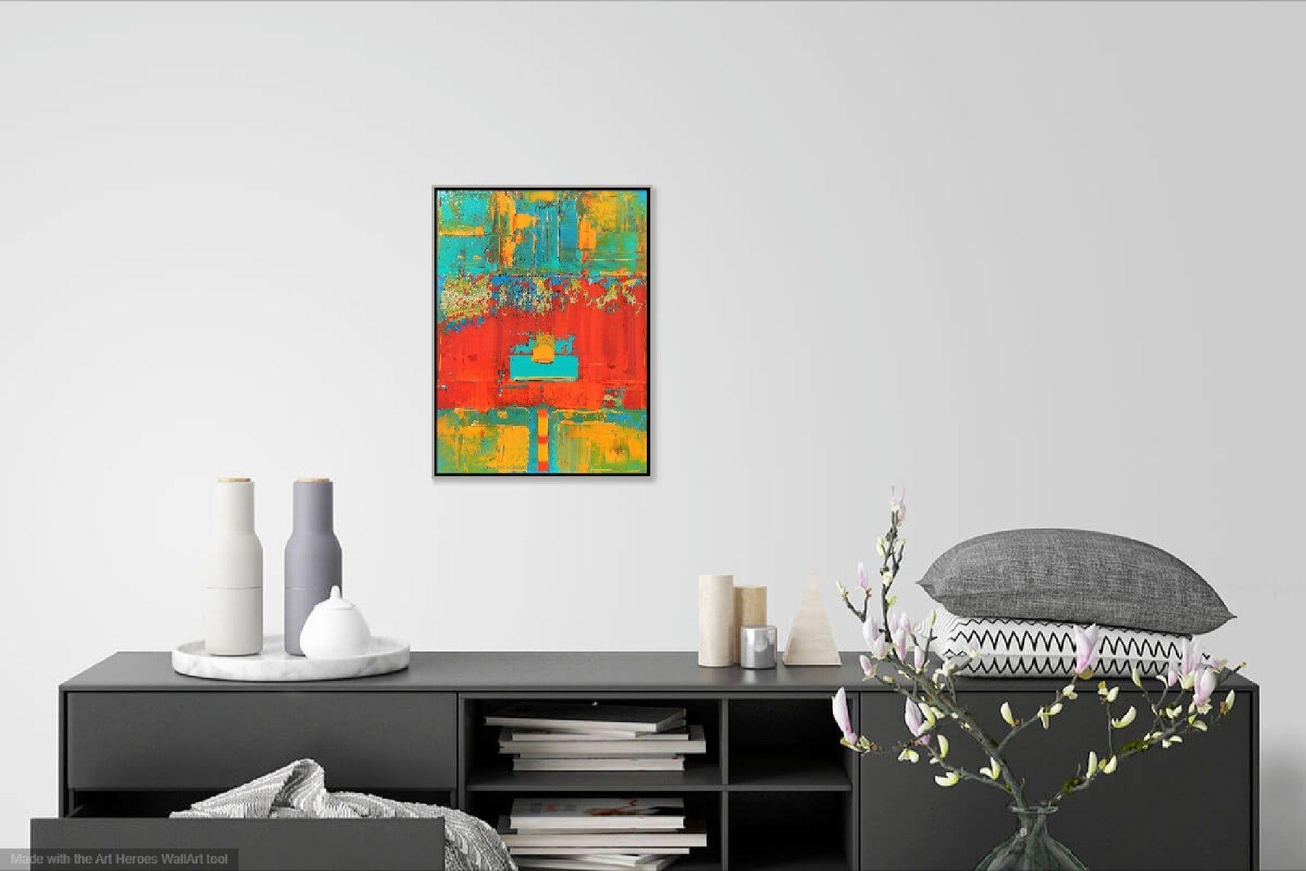 Naranja Rojo Amarillo Línea Abstracto, Pintura, Acrílico sobre Lienzo en venta 1