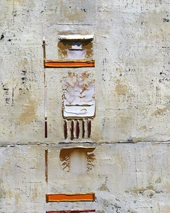 Pittura, acrilico su tela, primitivo astratto, oro, rame, arancione.