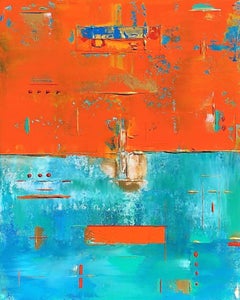 Primitives abstraktes Gemlde, Acryl auf Leinwand, Orange, Blau, Hell-Aquagrn, 3