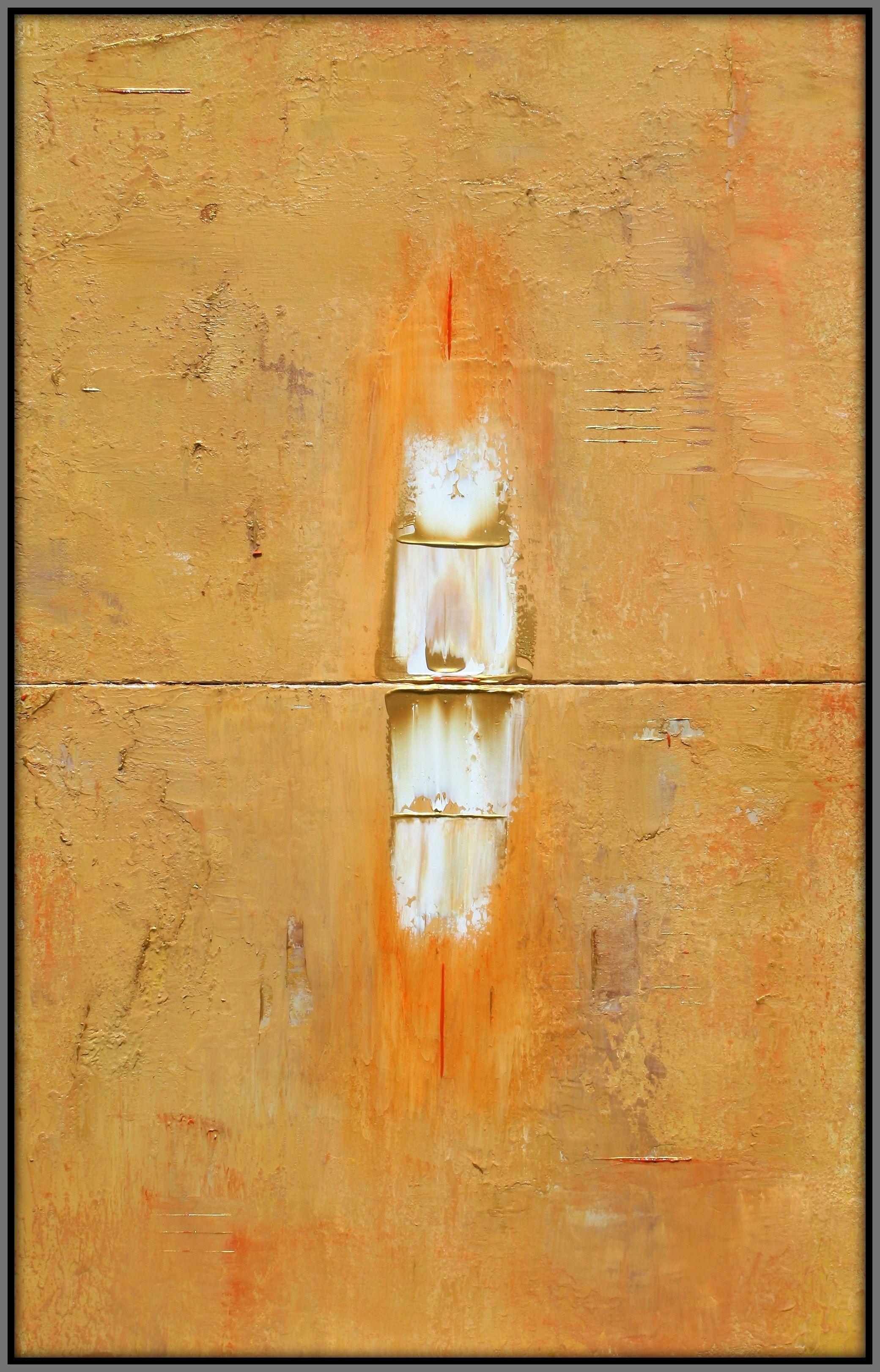 Primitivo Dos Paneles Oro Blanco Naranja Marcas, Pintura, Acrílico sobre Lienzo - Painting de Robert Lynn