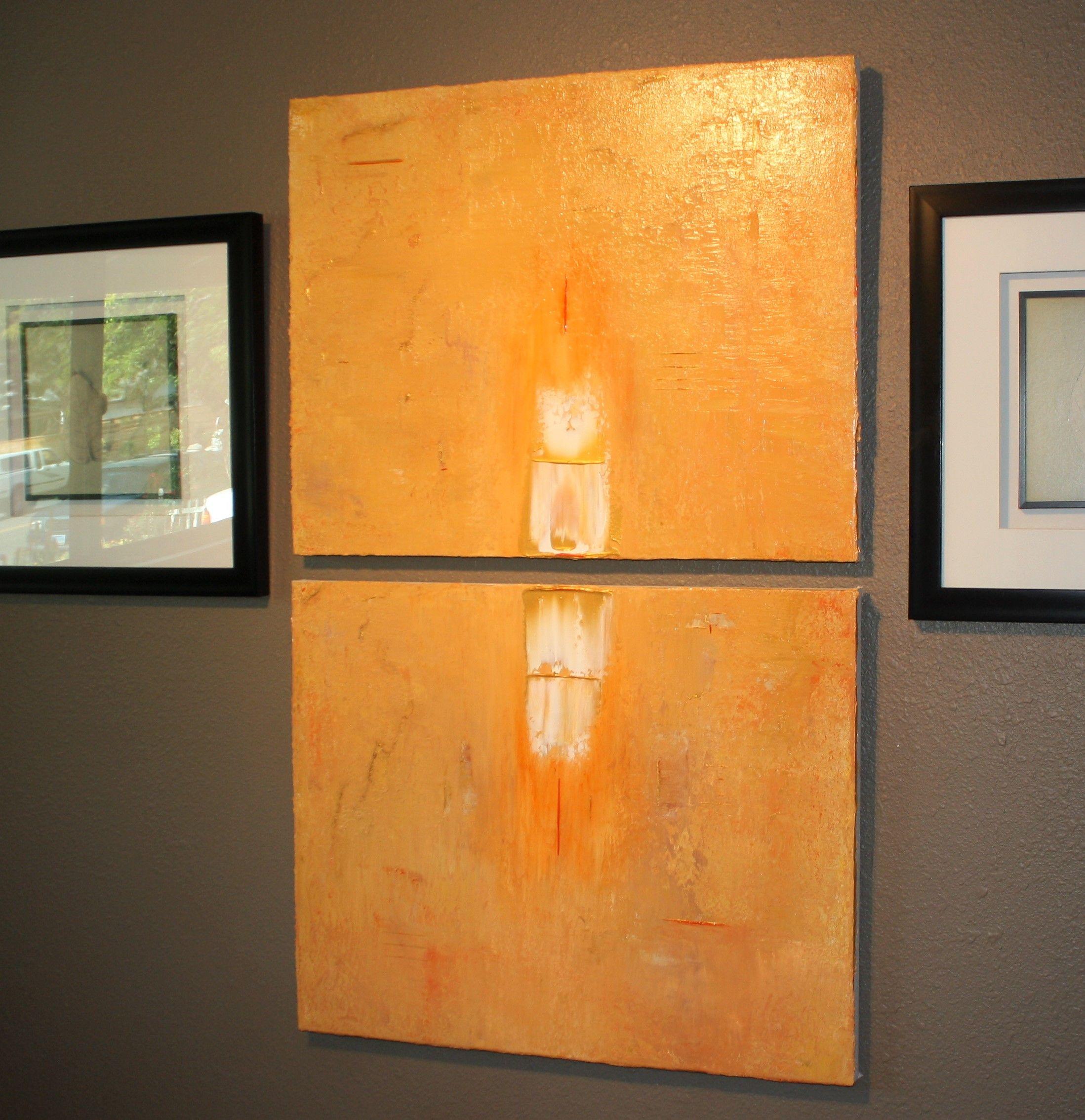 Primitivo Dos Paneles Oro Blanco Naranja Marcas, Pintura, Acrílico sobre Lienzo - Painting Abstracto de Robert Lynn