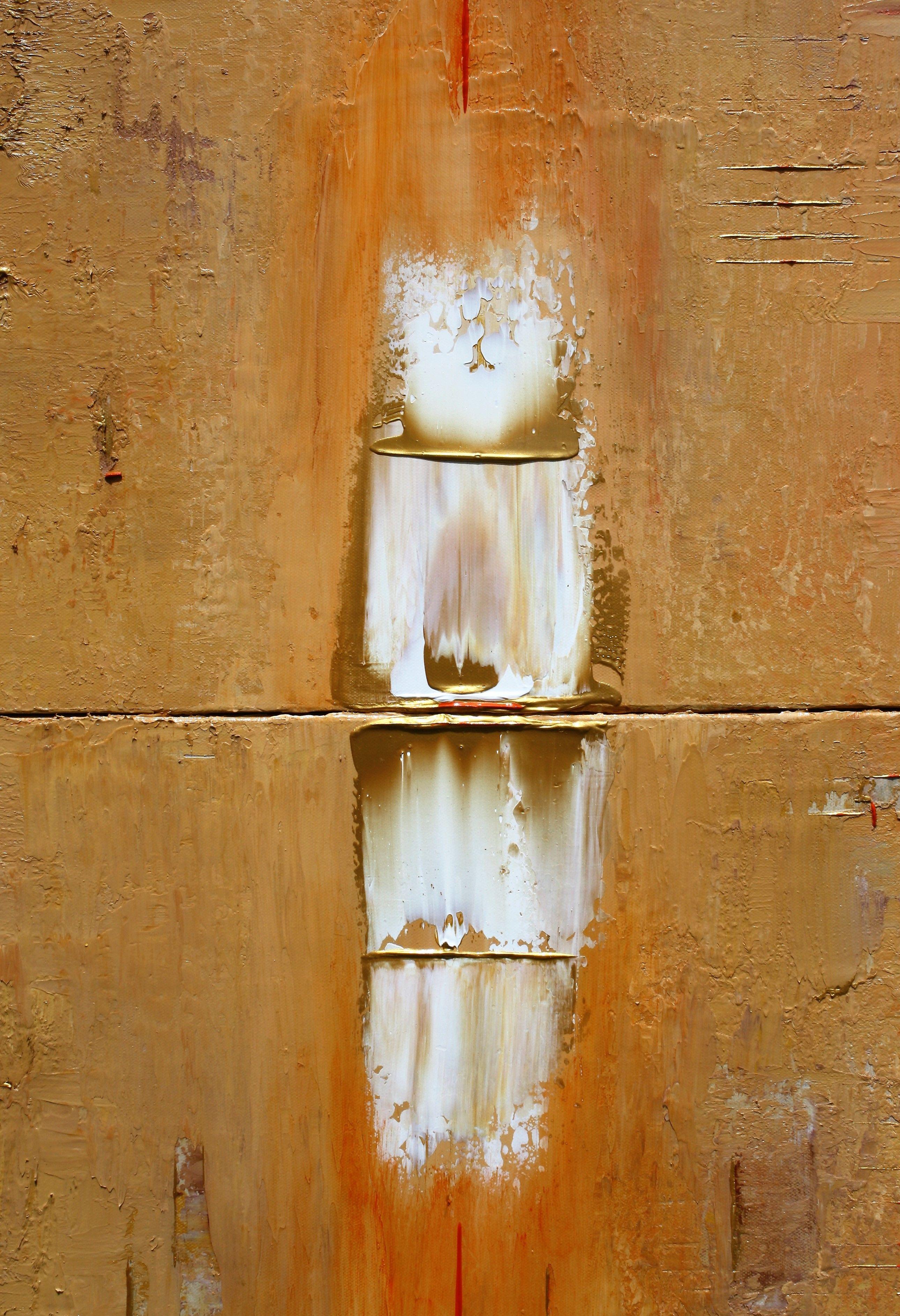 Primitivo Dos Paneles Oro Blanco Naranja Marcas, Pintura, Acrílico sobre Lienzo - Abstract Painting Marrón de Robert Lynn