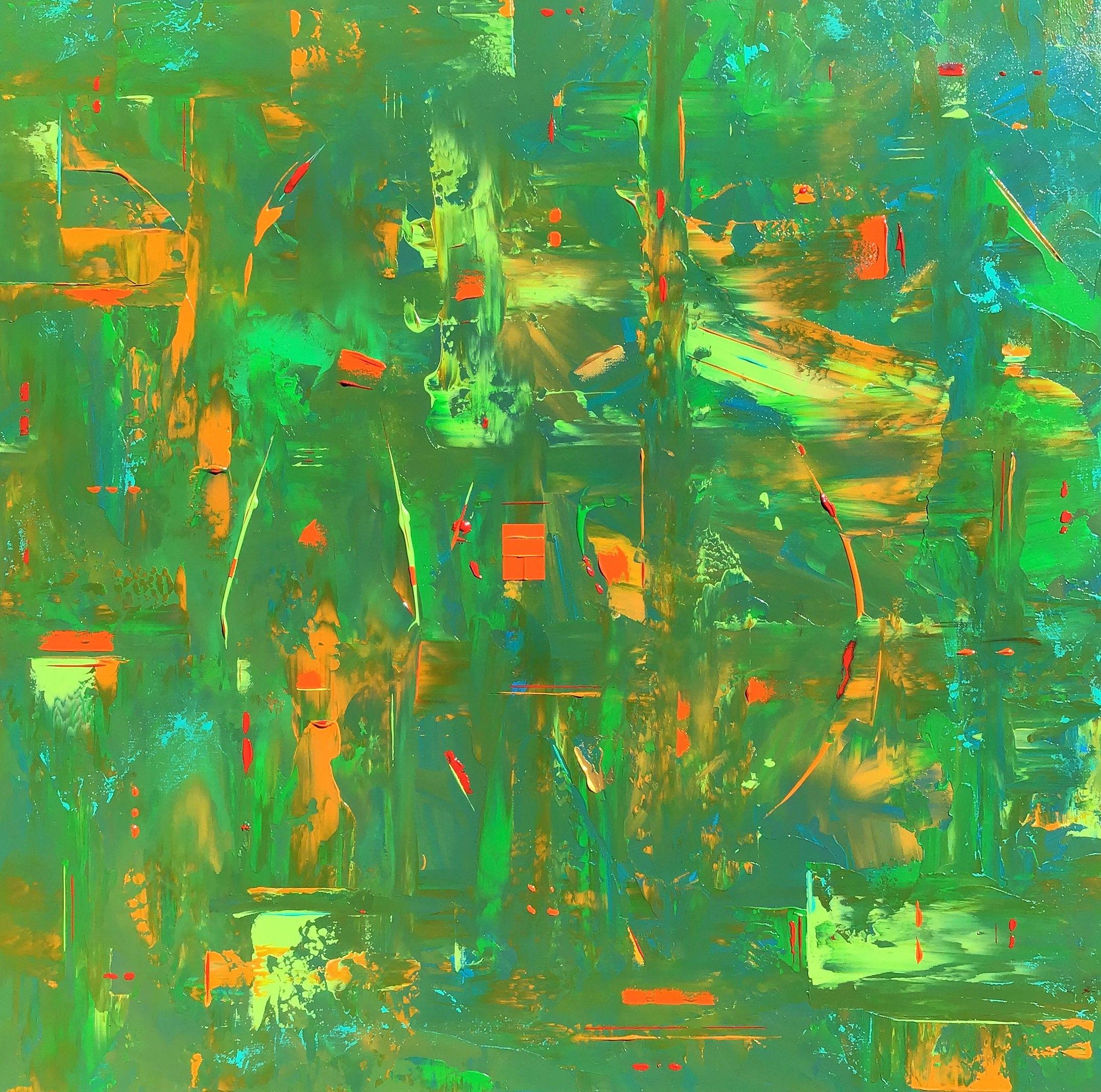 Robert Lynn Abstract Painting - Vibrant Green Blue Orange Abstract, Painting, Acrylic on Canvas