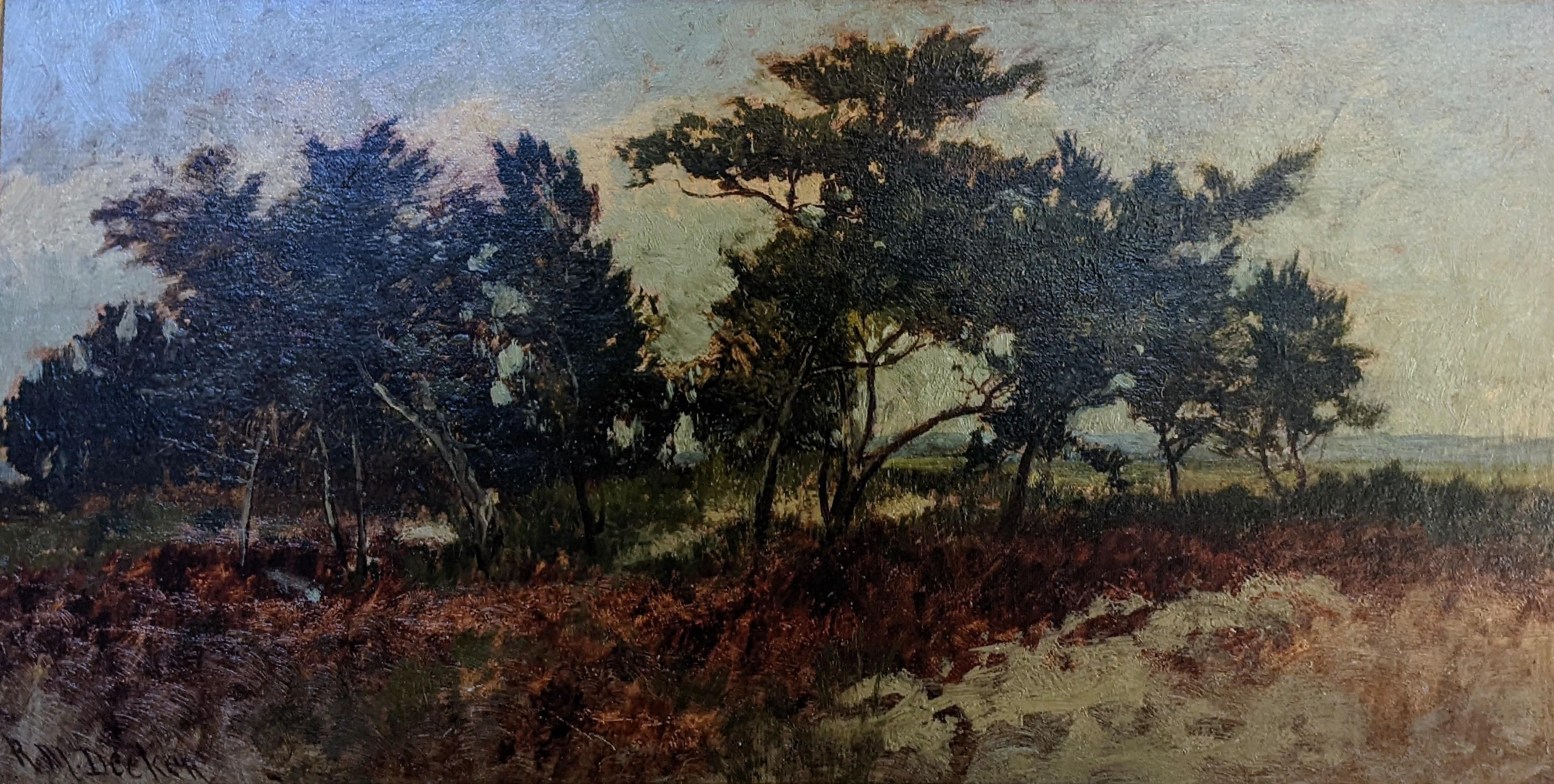 Robert M. Decker
Rockaway
Signed lower left
Oil on canvas
9 x 18 inches


Robert M. Decker (1847–1928) was an American landscape painter best known for his realistic depictions of the Adirondacks. Born in Troy, New York, he studied under the noted
