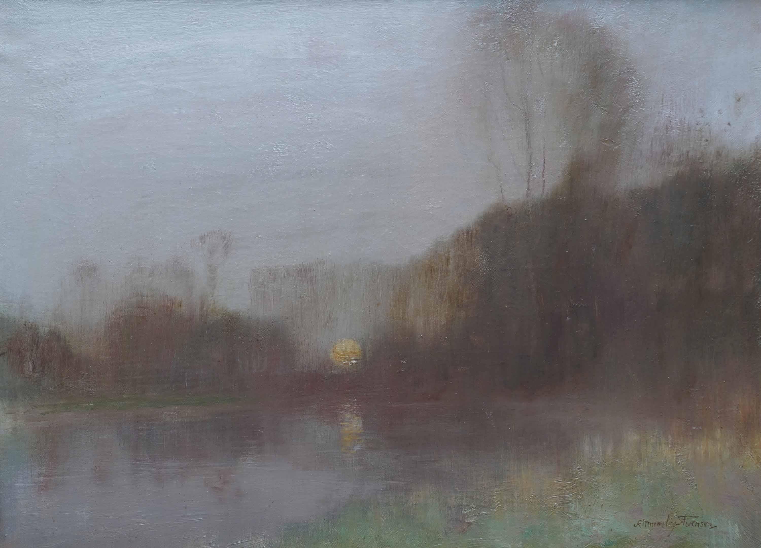 Moonlit River Landscape - British Victorian 1899 Impressionist art oil painting For Sale 6