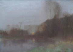 Moonlit River Landscape - British Victorian 1899 Impressionist art oil painting