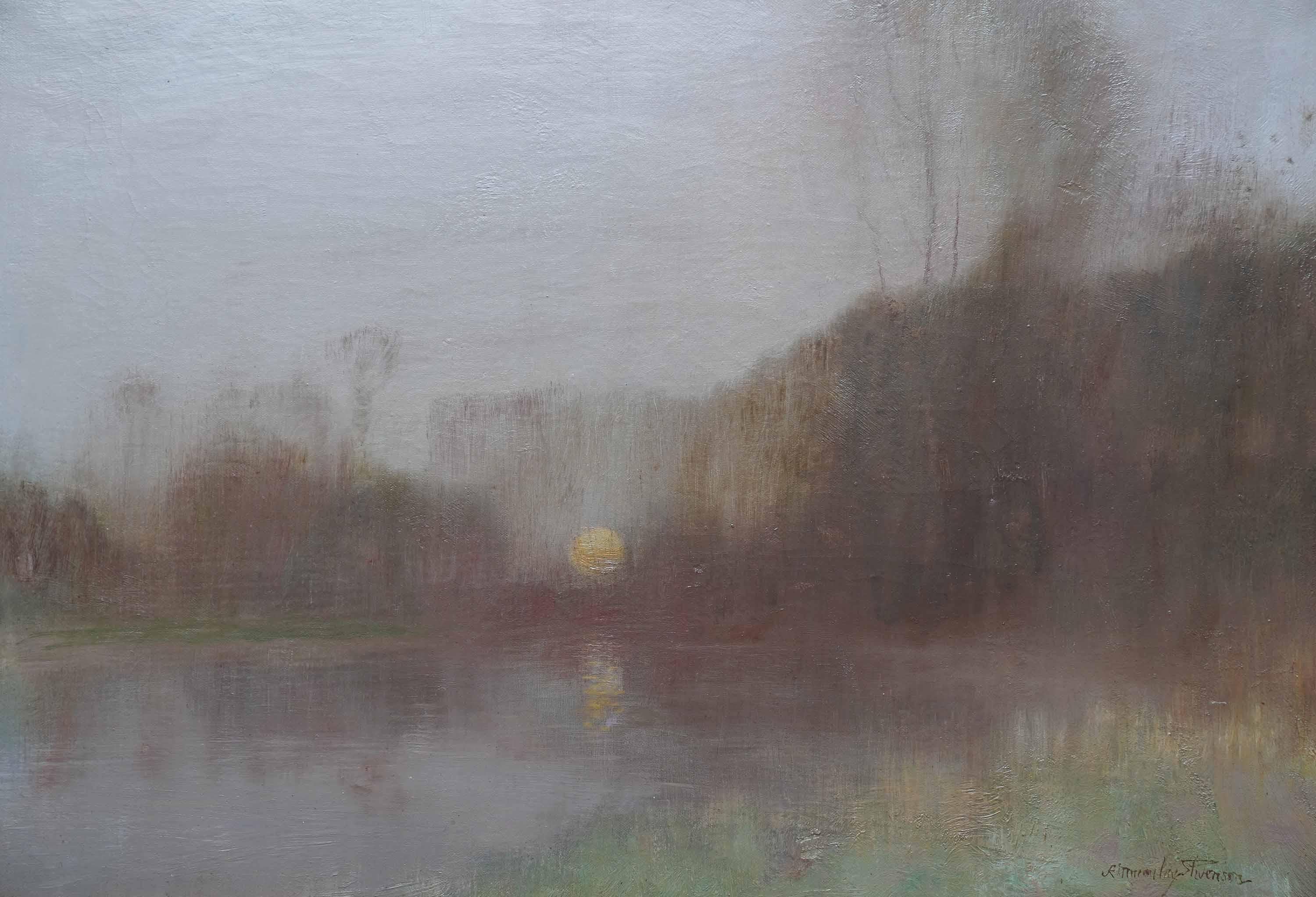 Moonlit River Landscape - British Victorian 1899 Impressionist art oil painting - Gray Landscape Painting by Robert MacAulay Stevenson