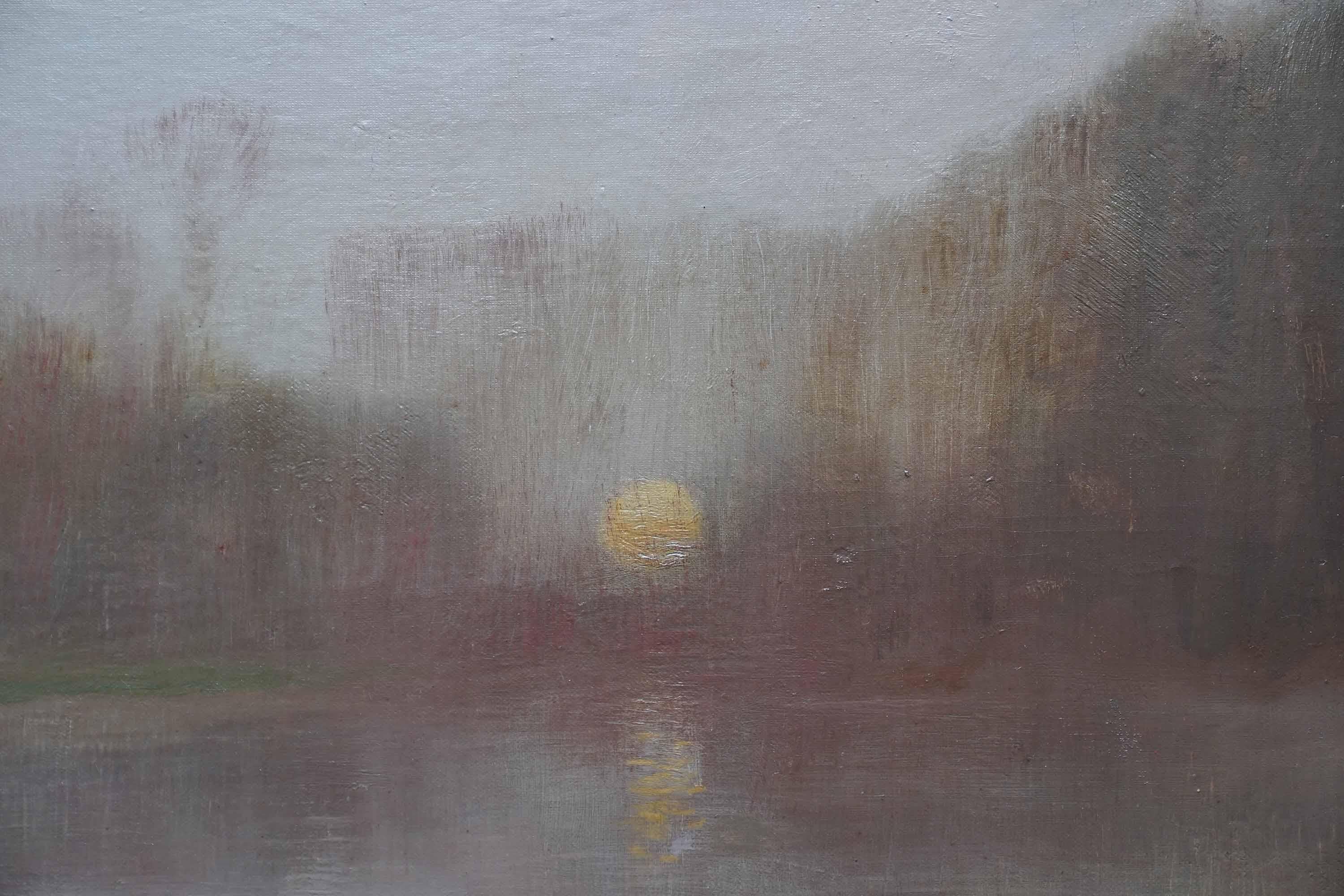 Moonlit River Landscape - British Victorian 1899 Impressionist art oil painting For Sale 1
