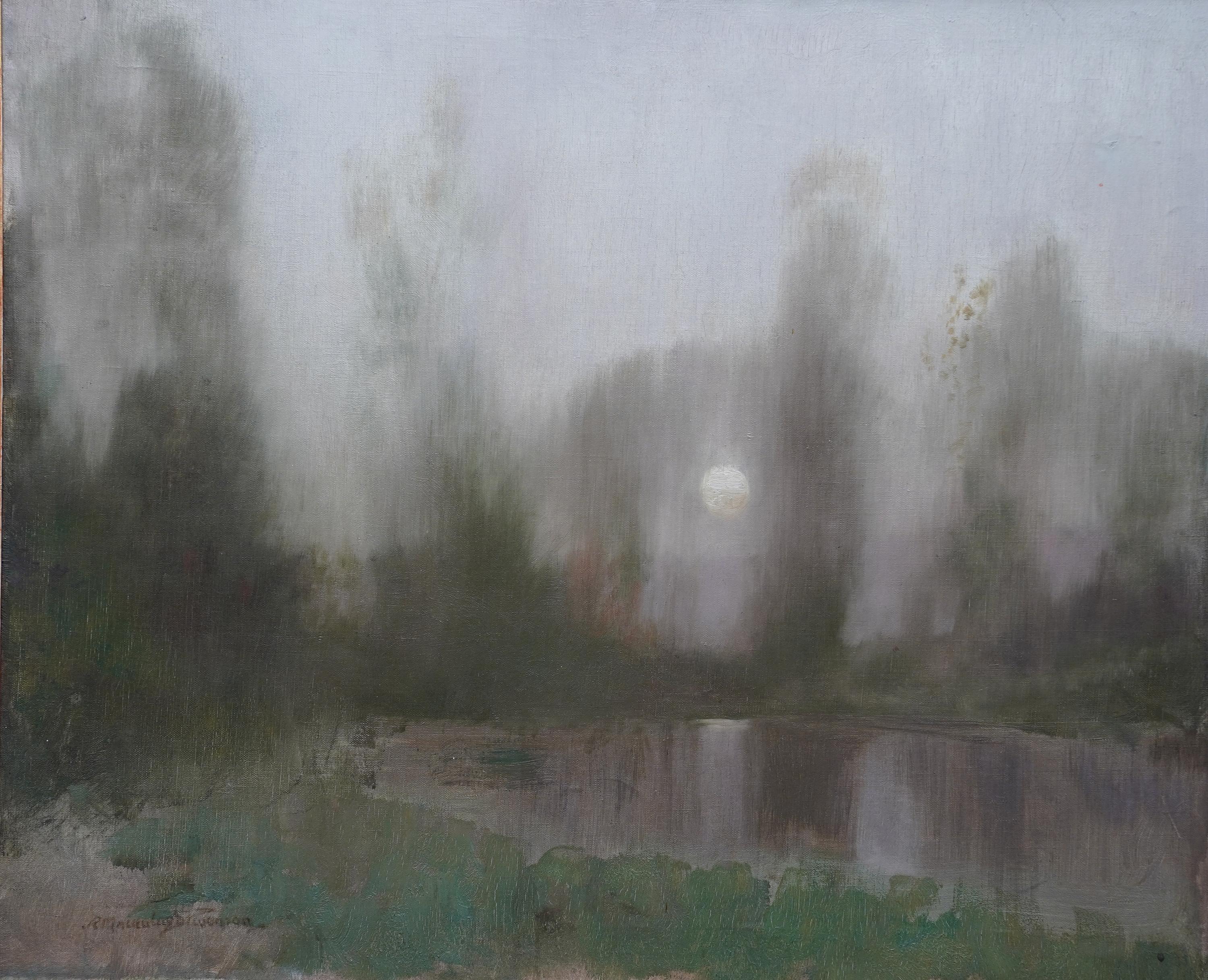 Paisaje fluvial arbolado al anochecer - pintura al óleo de arte escocés victoriano luz de luna en venta 5