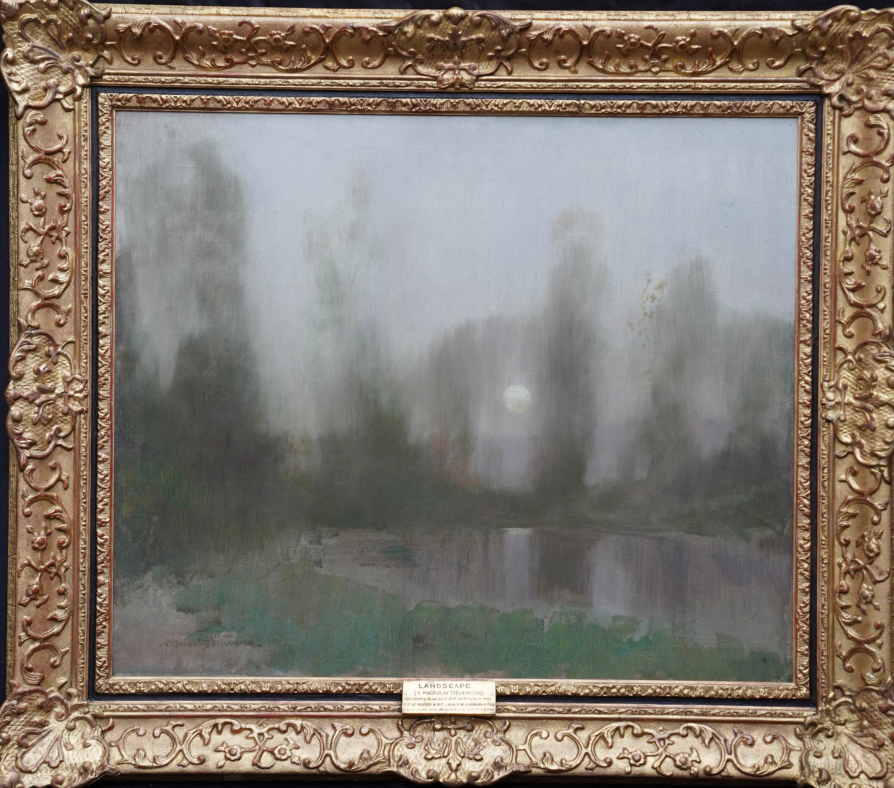 Paisaje fluvial arbolado al anochecer - pintura al óleo de arte escocés victoriano luz de luna en venta 6