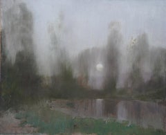 Wooded River Landscape at Dusk - Scottish Victorian art oil painting moonlight