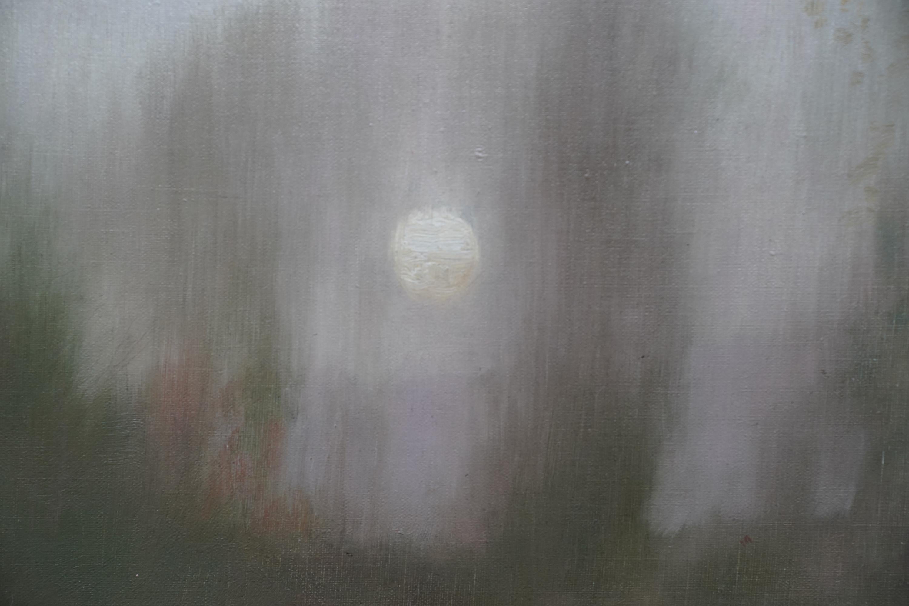 Paisaje fluvial arbolado al anochecer - pintura al óleo de arte escocés victoriano luz de luna - Landscape Painting Gris de Robert MacAulay Stevenson