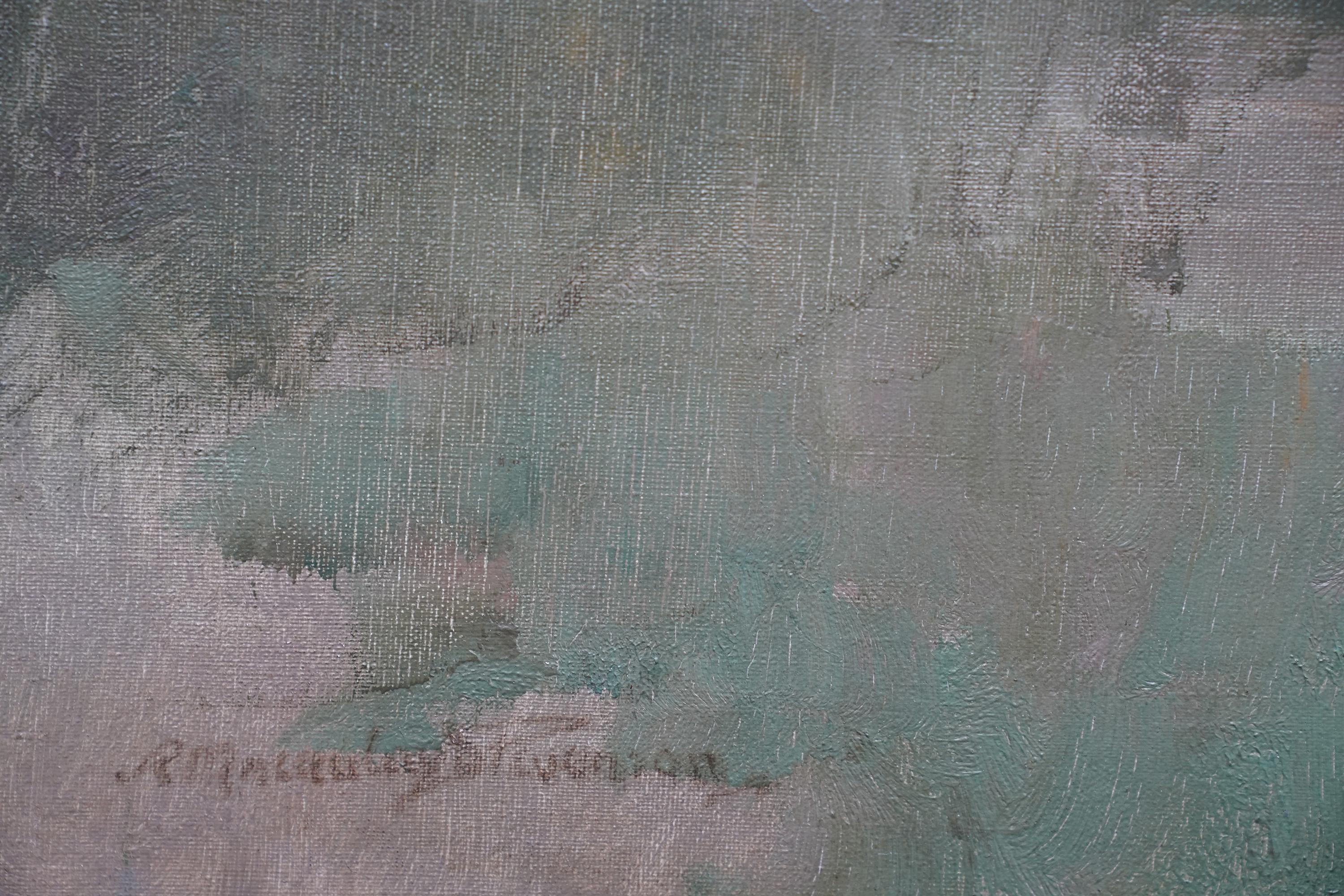 Paisaje fluvial arbolado al anochecer - pintura al óleo de arte escocés victoriano luz de luna en venta 1