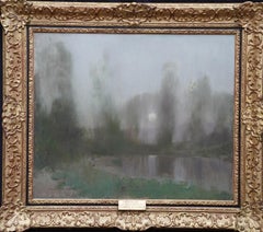 Wooded River Landscape at Dusk - Scottish Victorian art oil painting moonlight