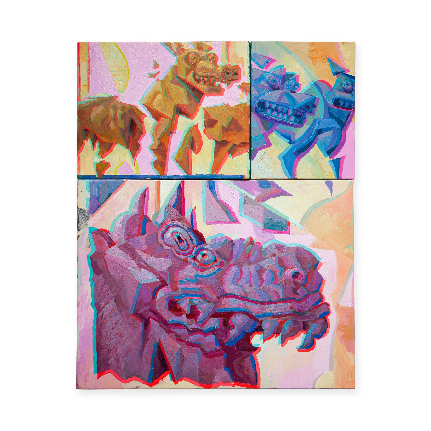 Purple, yellow, neon pink, and white anaglyph painting by San Francisco-based artist Robert MacKenzie. This piece is included in a 2023 group exhibition, 