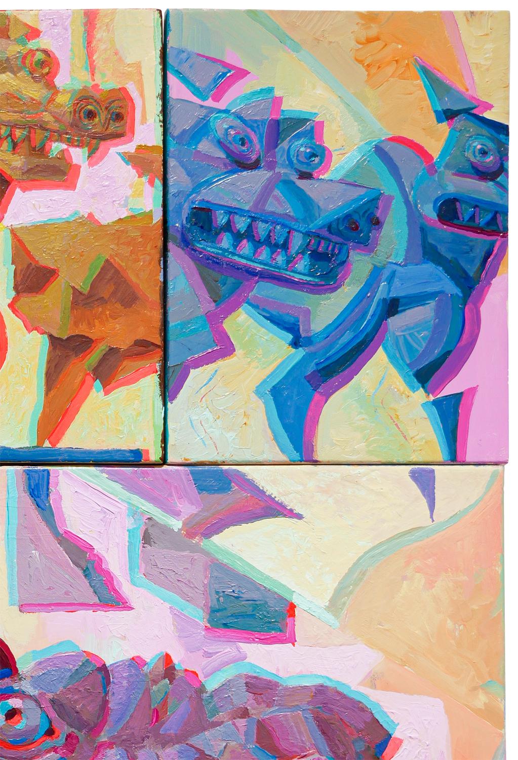 Peinture anaglyphe violette, jaune, rose néon et blanche de l'artiste Robert MacKenzie, basé à San Francisco. Cette pièce fait partie de l'exposition de groupe 2023, 