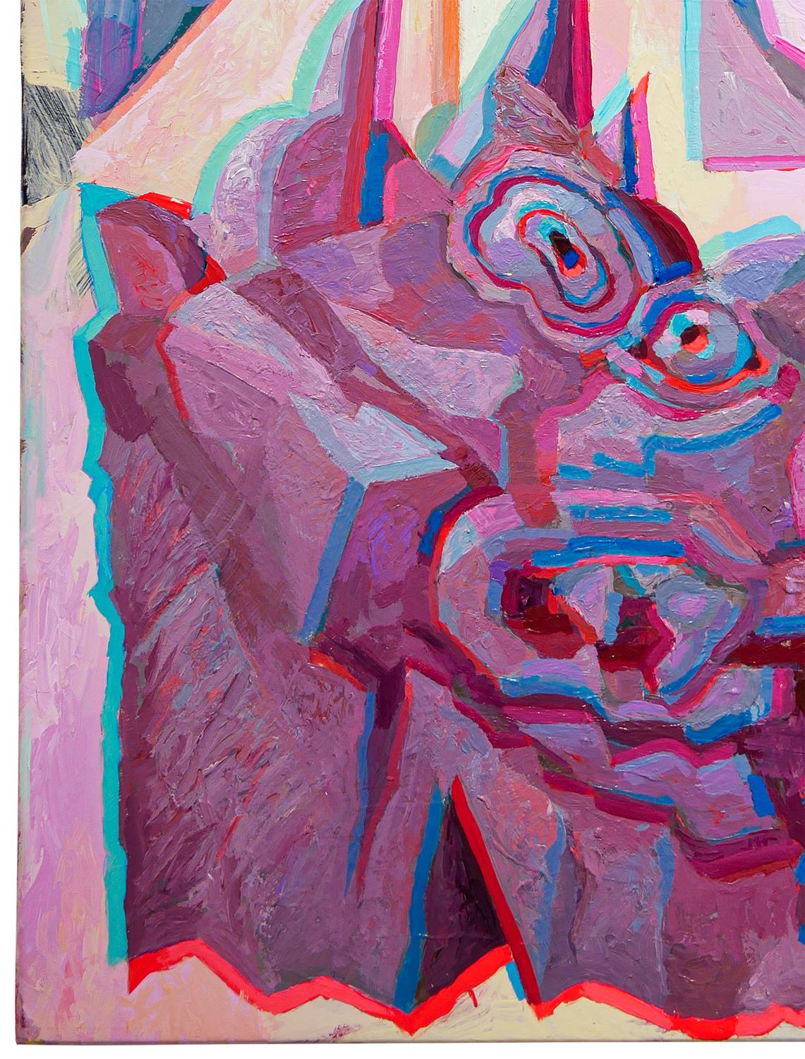Peinture anaglyphe violette, jaune, rose néon et blanche de l'artiste Robert MacKenzie, basé à San Francisco. Cette pièce fait partie de l'exposition de groupe 2023, 