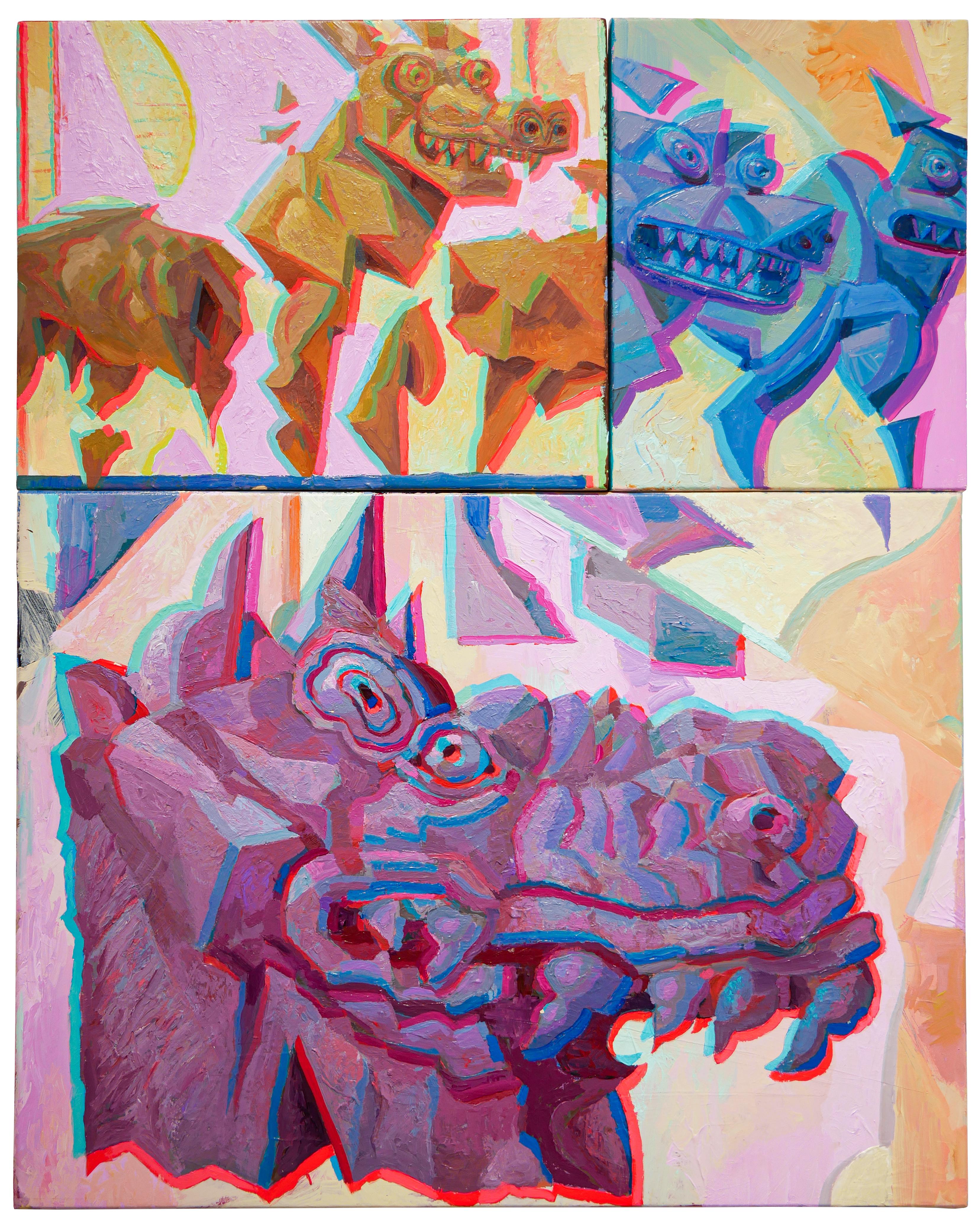 Robert MacKenzie Figurative Painting - "Copy of a Copy of a Fake" Purple, Neon Pink, and White Anaglyph Painting