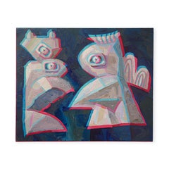 "Untitled" Dark Blue, Neon Pink, and White Anaglyph Painting