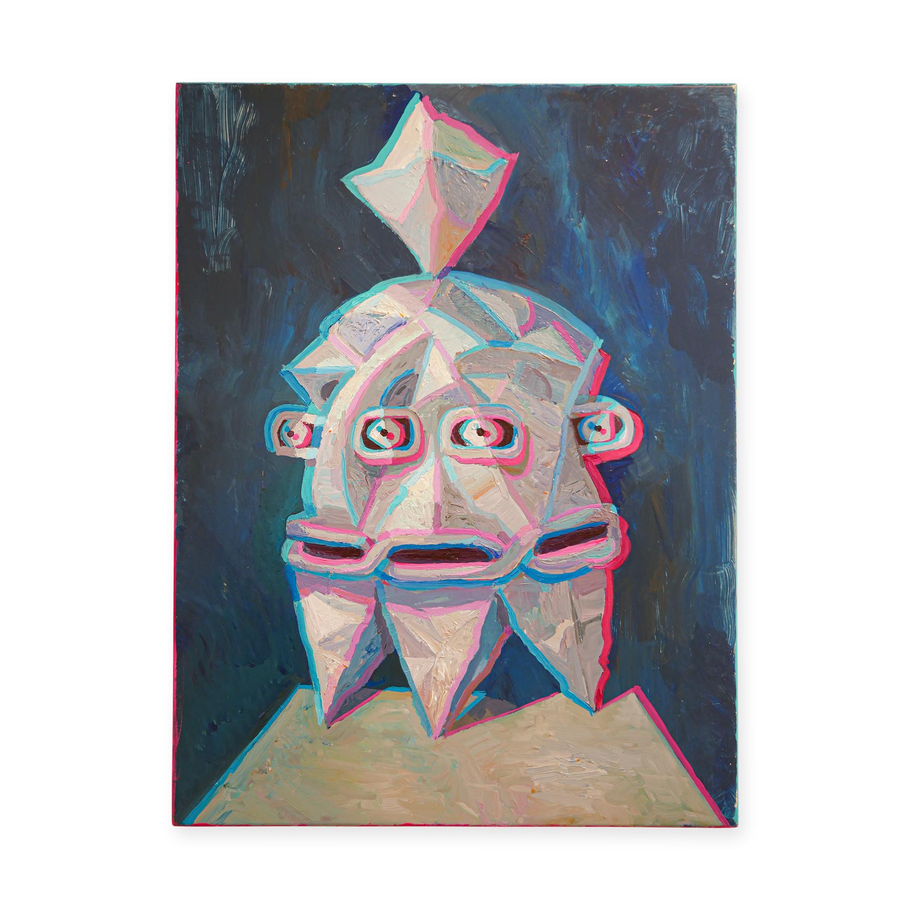 Dark blue, neon pink, and white anaglyph painting by San Francisco-based artist Robert MacKenzie. This piece is included in a 2023 group exhibition, 