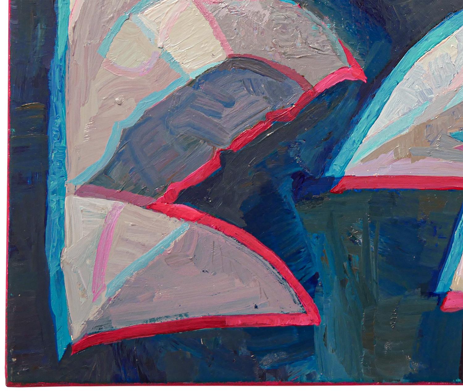 Quadro anaglifico blu scuro, rosa neon e bianco dell'artista Robert MacKenzie di San Francisco. Questo pezzo è incluso in una mostra collettiva del 2023, 