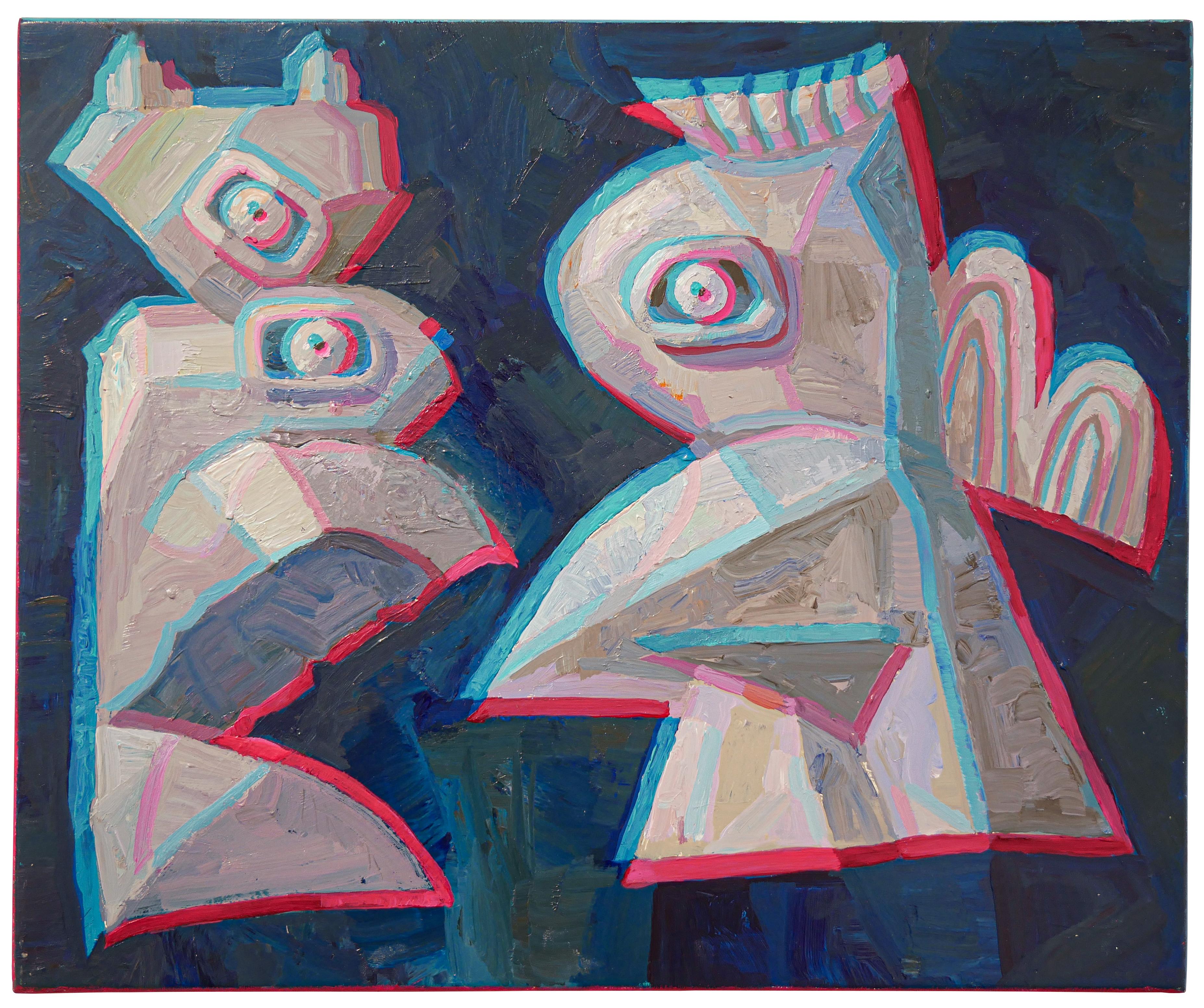 Robert MacKenzie Figurative Painting – „Ohne Titel“ Dunkelblaues, neonrosa und weißes Anaglyph-Gemälde