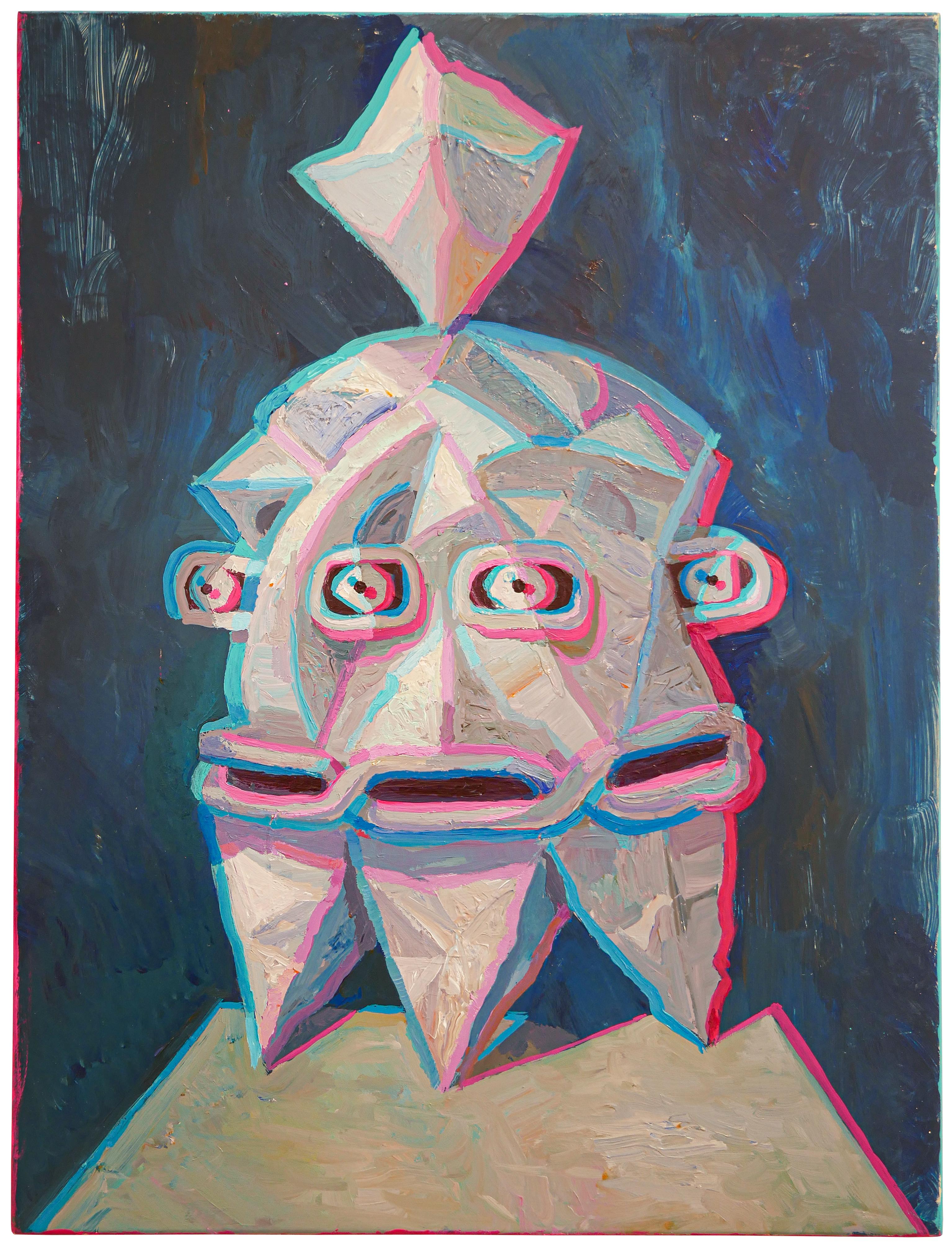 Robert MacKenzie Figurative Painting - "Untitled" Dark Blue, Neon Pink, and White Anaglyph Painting