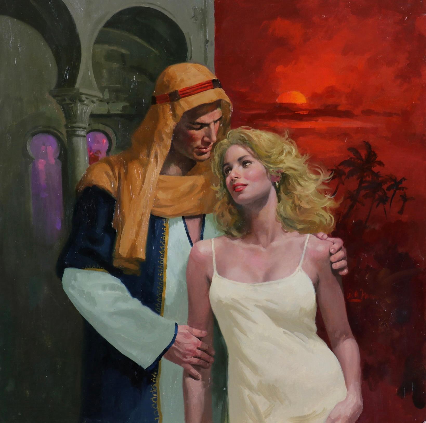 Passionate Performance by Robert Maguire captures a dramatic moment between two figures set against a bold, sunset-red backdrop. Known for his work in paperback illustration, Maguire brings his signature sense of story and atmosphere to this piece,