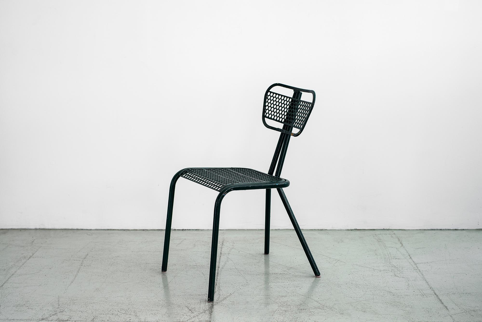 Rare set of four perforated steel chairs by Rene Malaval for Bloc Metal.
Post war French with tubular steel legs, in the manner of Jean Prouve.
 