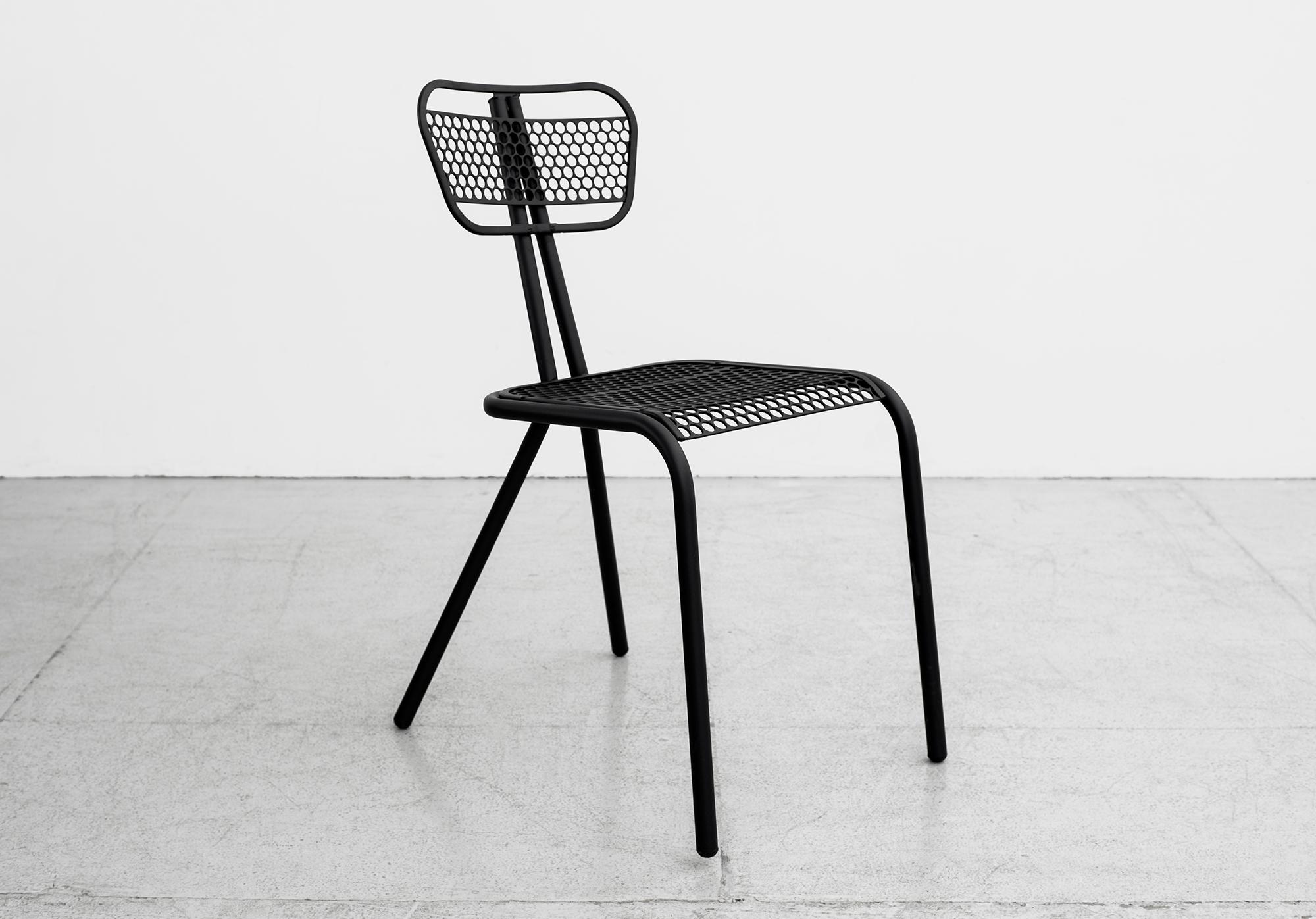 Rare set of four perforated steel chairs by Rene Malaval for Bloc Metal.
Post war French with tubular steel legs, in the manner of Jean Prouve
Refinished in matte black.
  