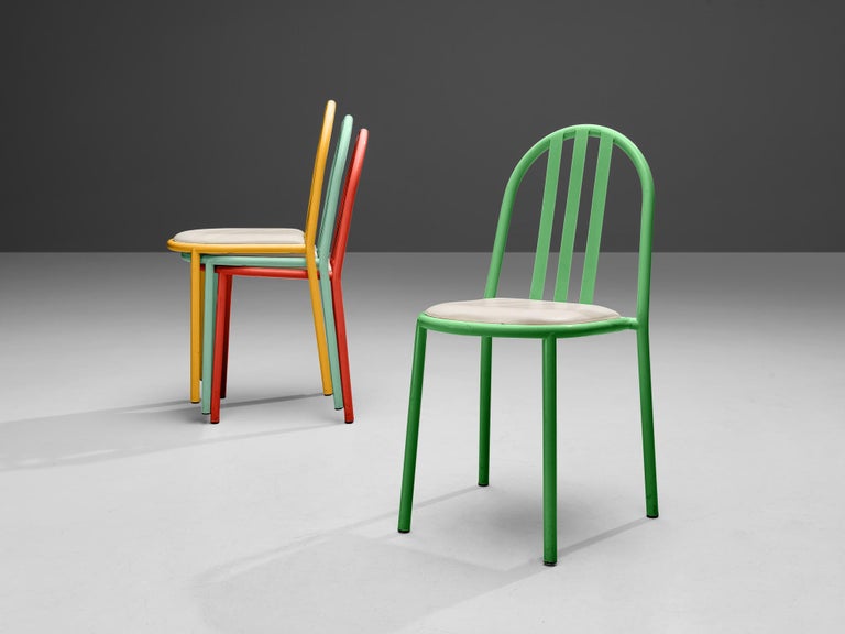 French Robert Mallet-Stevens Dining Chairs Model 222 in Colourful Metal For Sale