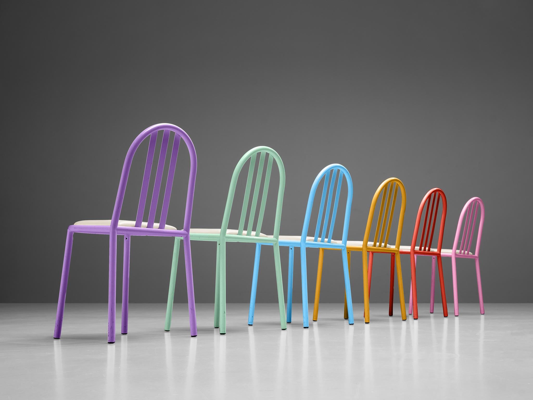 French Robert Mallet-Stevens Dining Chairs Model 222 in Colourful Metal