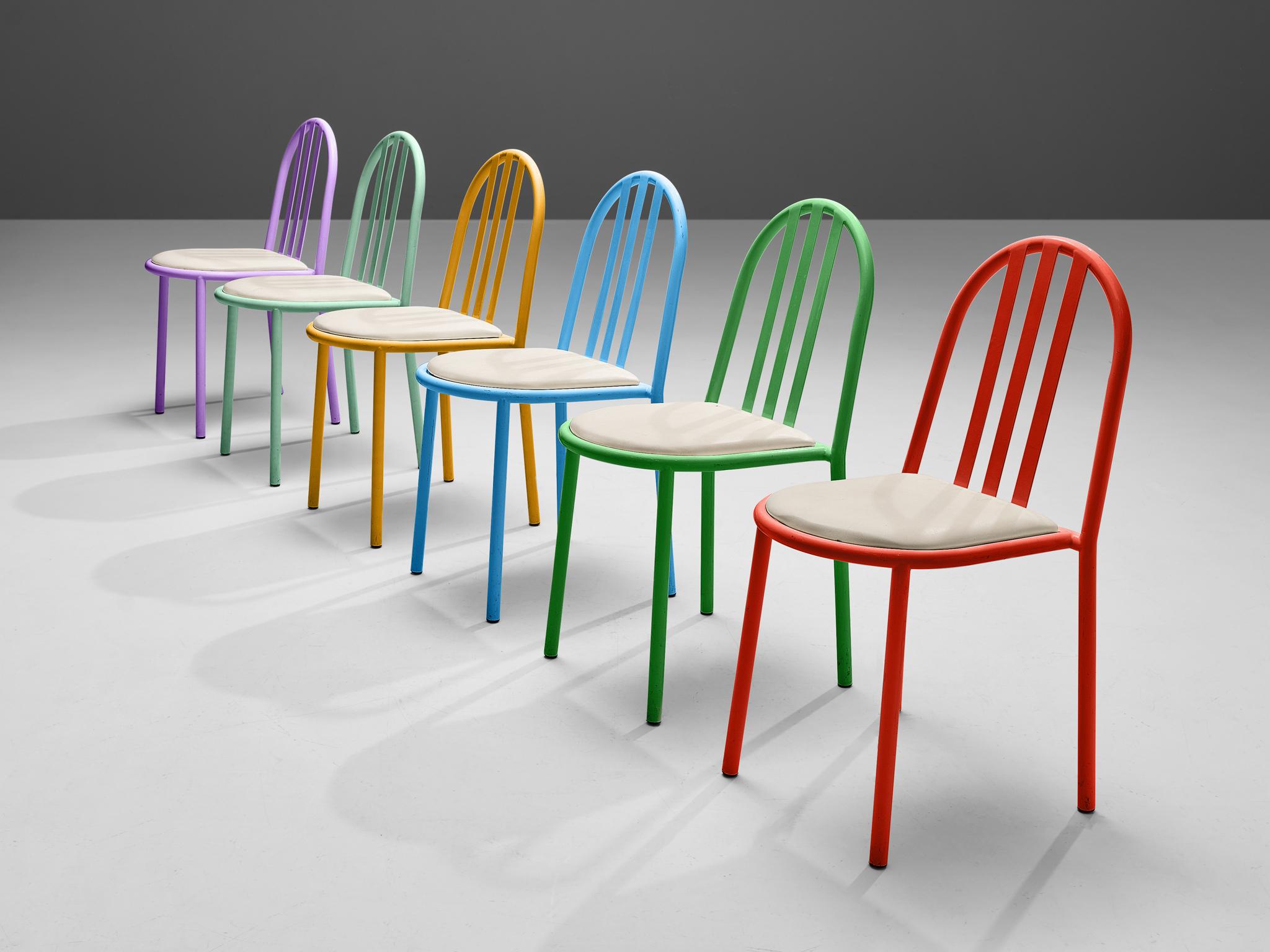 Acier Robert Mallet-Stevens Ensemble de six chaises de salle à manger en métal coloré  en vente