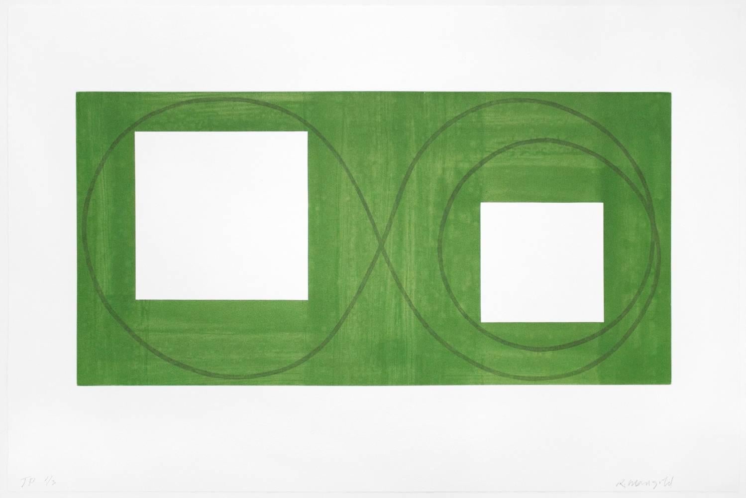 Robert Mangold Abstract Print - Two Open Squares Within a Green Area