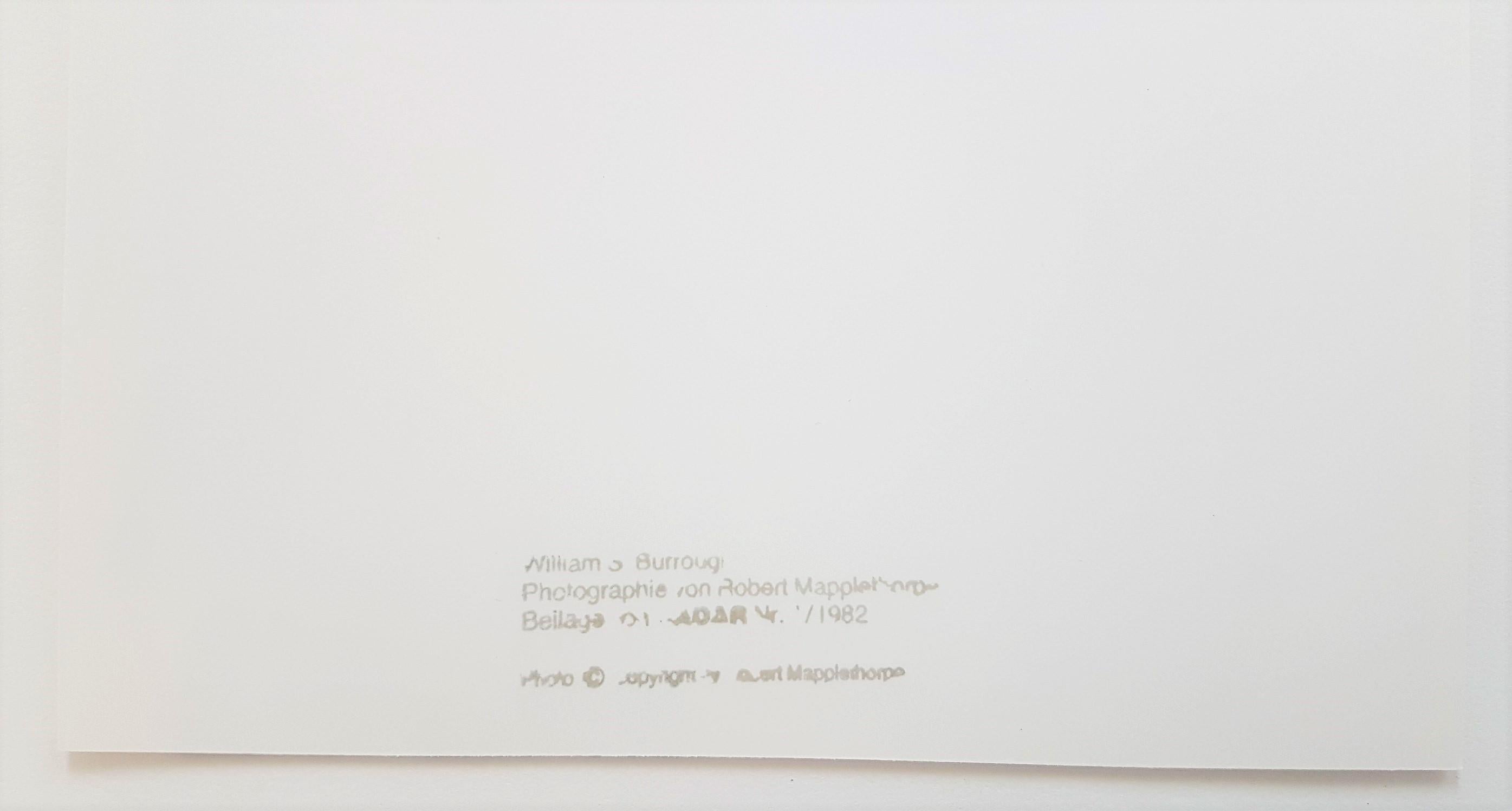 Robert Mapplethorpe
William S. Burroughs
Photographie, épreuve à la gélatine d'argent
Année : 1982
Taille : 9.8 × 7.8 pouces 
Cachet au verso
Accompagné d'un Radar, Bâle, Edition I.L.A.G., 1982 ; Texte en allemand 
(a) Gallery fournit un certificat