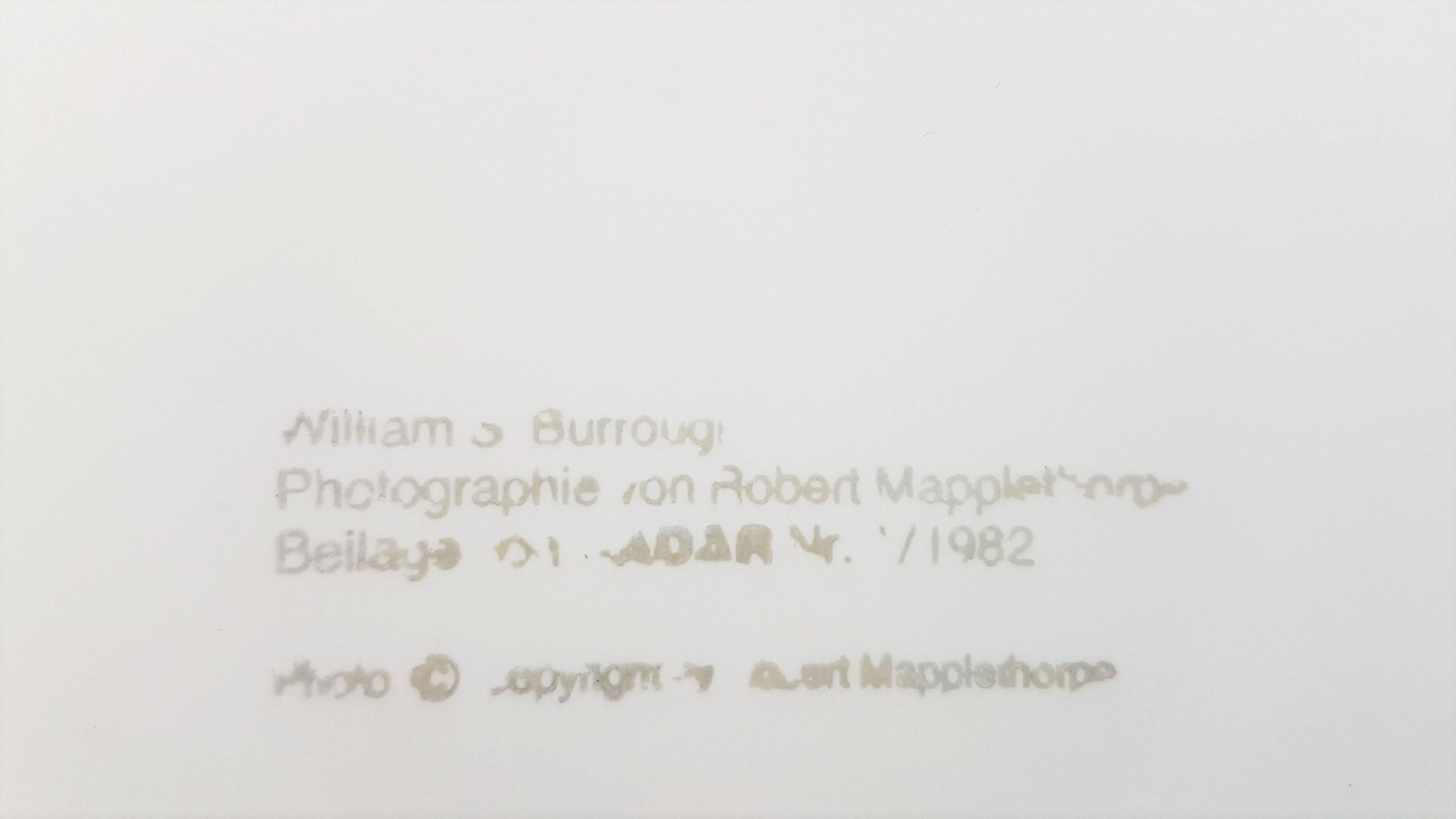 FLASH SALE until 8/8/21

Robert Mapplethorpe
William S. Burroughs
Photograph
Year: 1982
Size: 9.8 × 7.8 inches 
Stamped verso
Gallery COA provided

Robert Mapplethorpe was born November 4, 1946, in Floral Park, New York. He left home in 1962 and