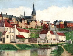 Pry, Belgium - Mid 20th Century Belgian Wallonia Naive Landscape Oil Painting