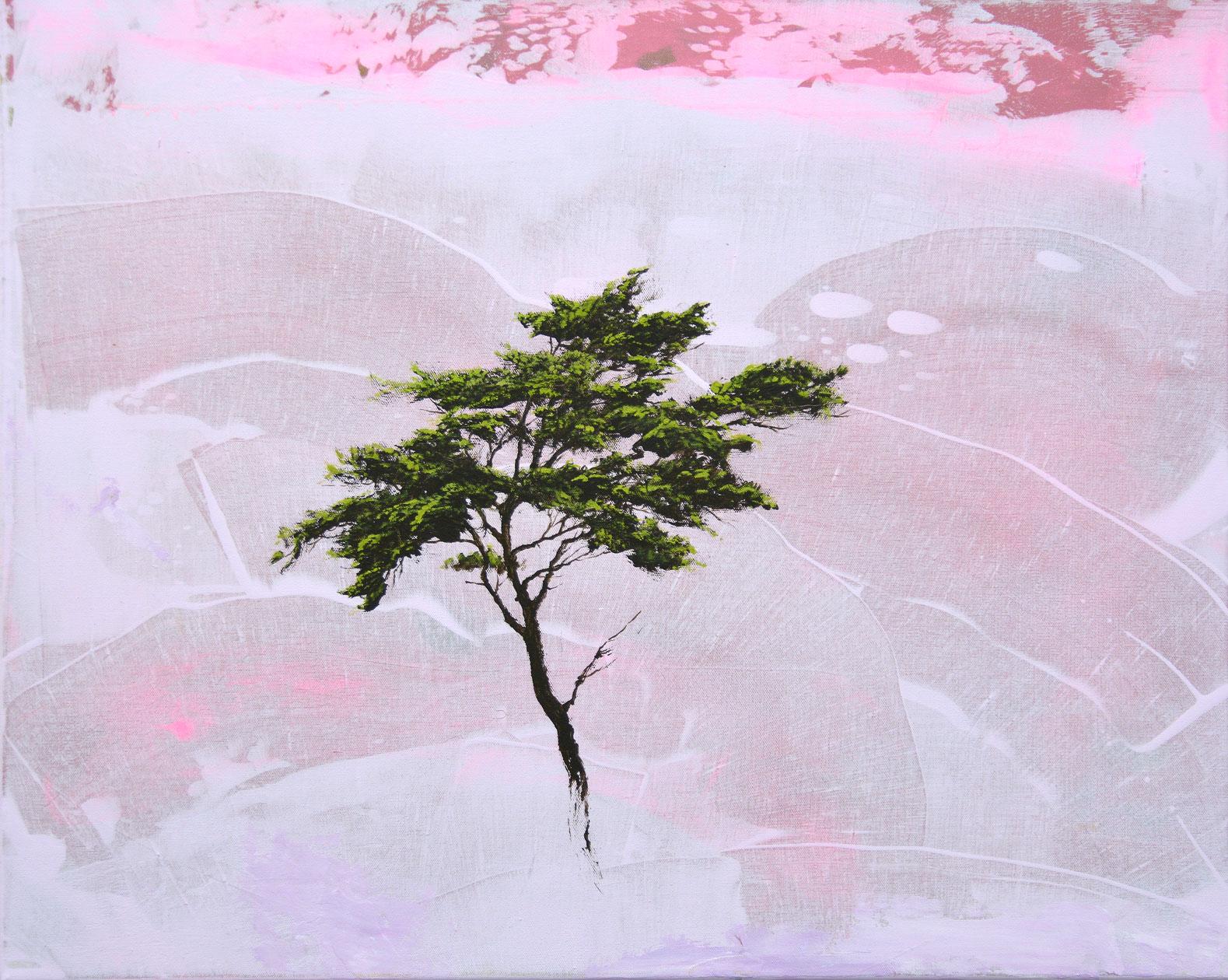 Marchessault begins his tree studies with a single, swift brushstroke from which his delicate foliage and landscape scenes organically grow. The artist uses a combination of techniques, including cloth and brushwork and spray paints to create