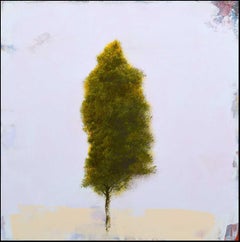 'Fin D'Hiver', abstract realist shrub tree painting with lavender, beige, green
